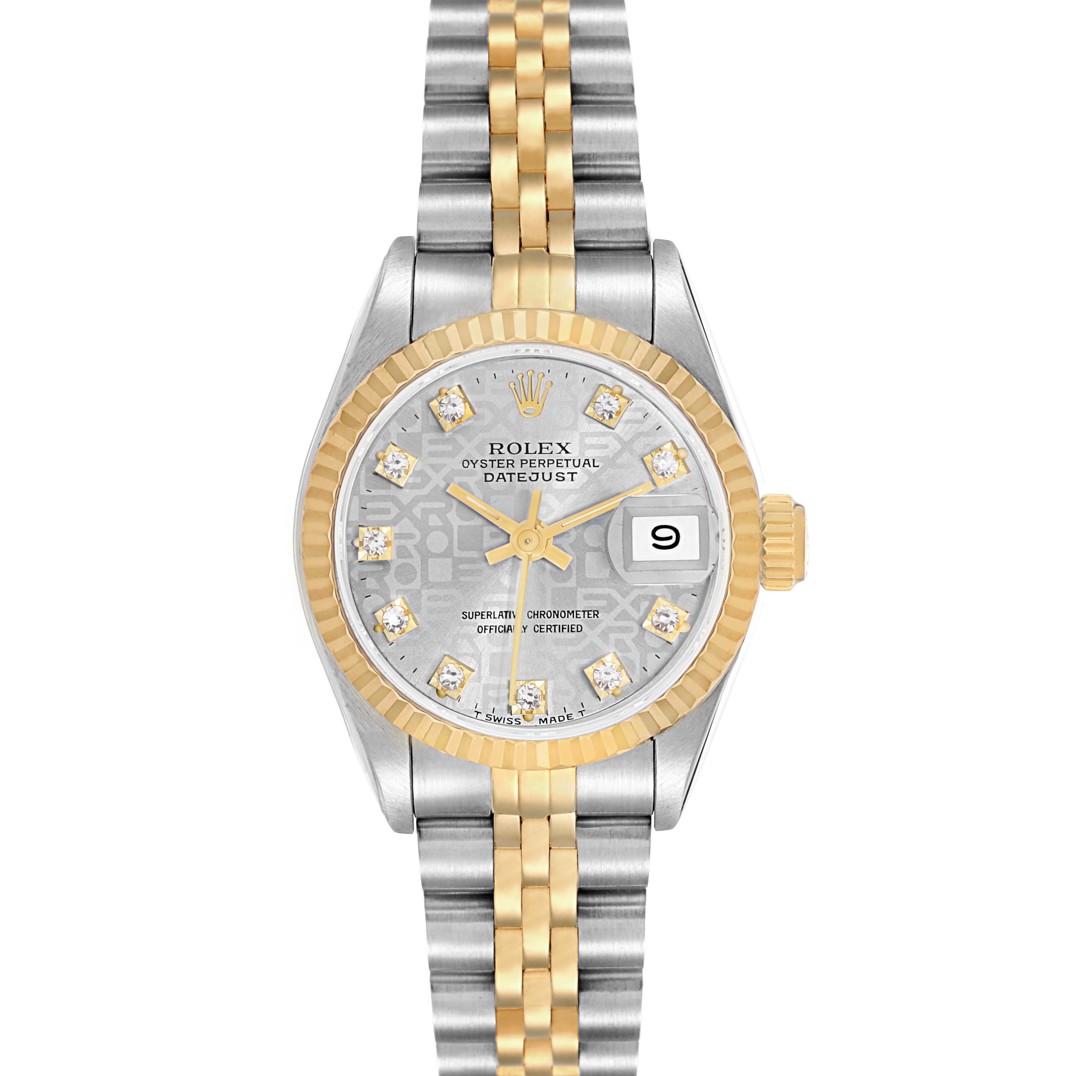The Rolex Datejust model 69173 watch is shown from a frontal angle, highlighting the dial, fluted bezel, and the two-tone bracelet.