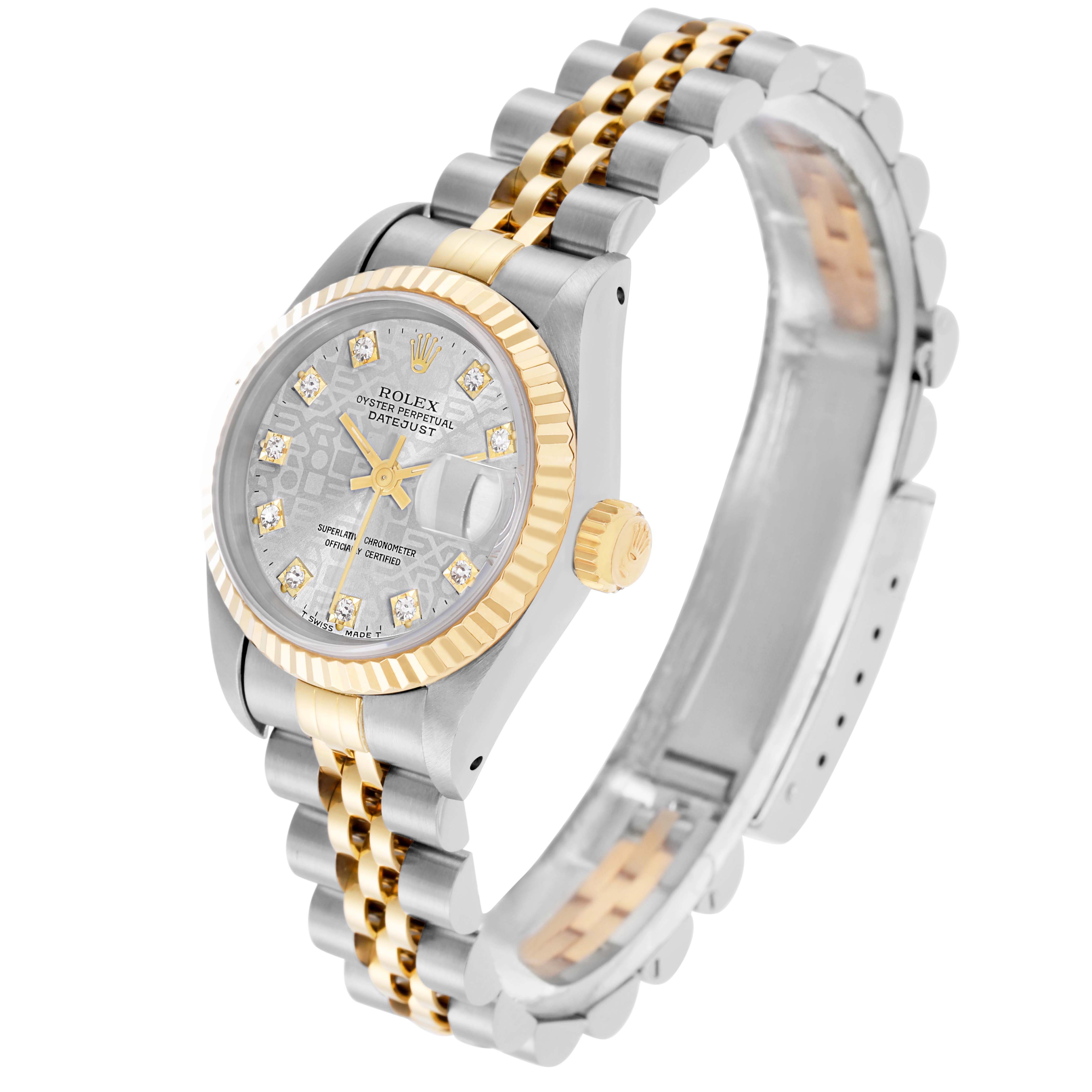 The Rolex Datejust model 69173 is shown at a three-quarter angle, highlighting the face, bezel, crown, and jubilee bracelet.