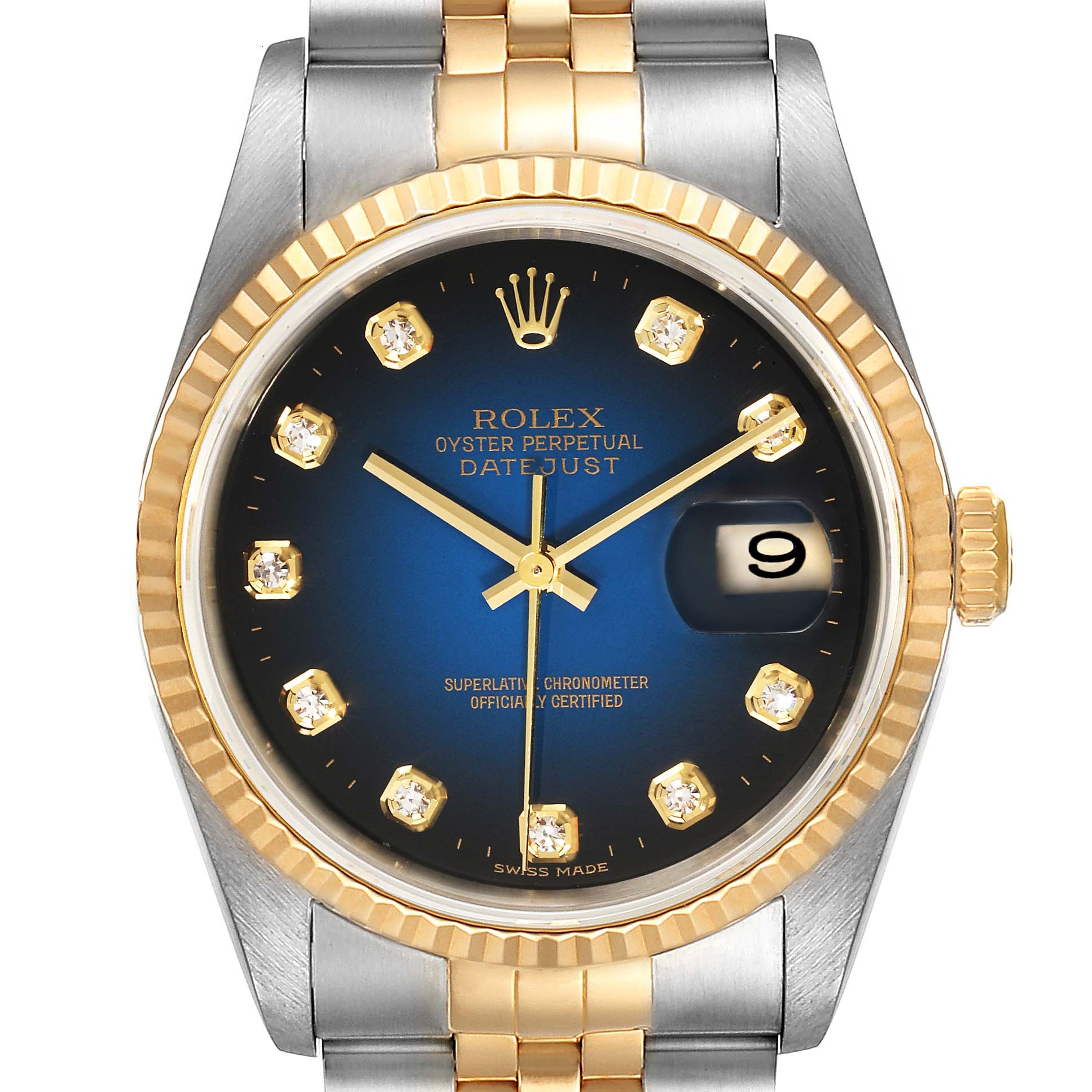 The image shows a frontal view of a Rolex Datejust 16233 Men's Steel and Gold (two tone) Blue Dial 16233 Men's Steel and Gold (two tone) Blue Dial watch, highlighting the dial, bezel, and part of the bracelet.