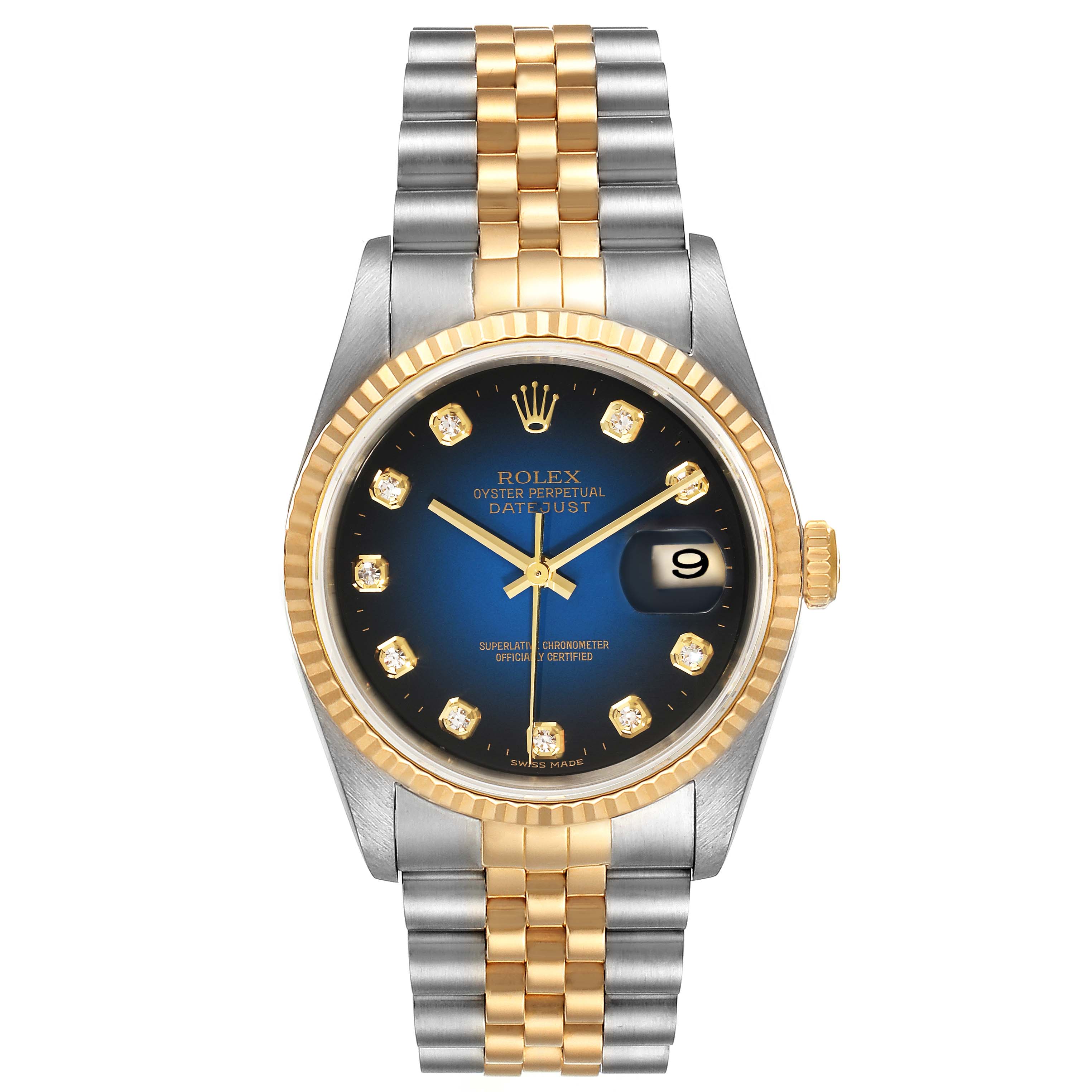 The Rolex Datejust 16233 Men's Steel and Gold (two tone) Blue Dial 16233 Men's Steel and Gold (two tone) Blue Dial watch is shown from a top-down angle, displaying its dial, bezel, and bracelet.