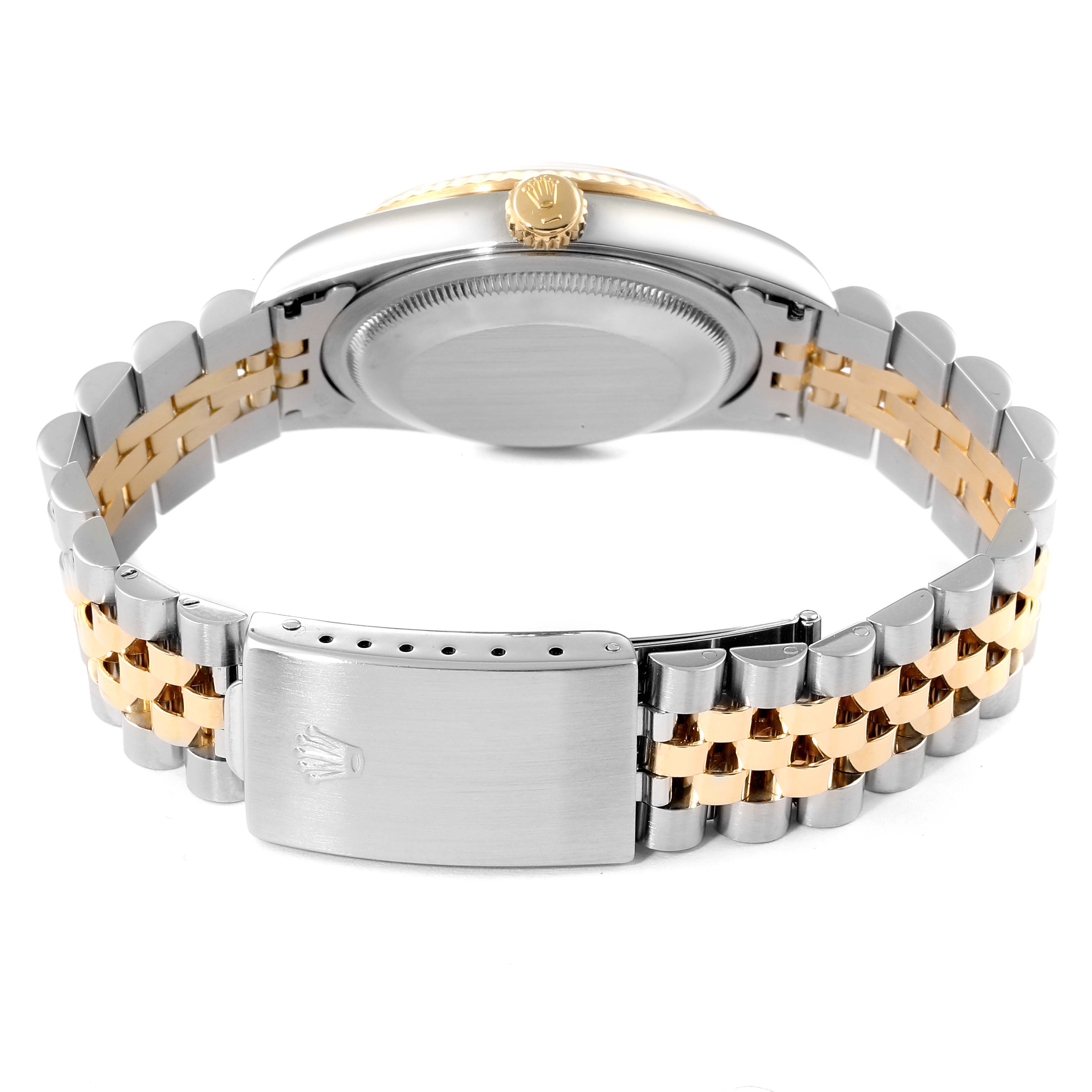 The image shows the back of a Rolex Datejust 16233 Men's Steel and Gold (two tone) Blue Dial 16233 Men's Steel and Gold (two tone) Blue Dial watch, focusing on the clasp and bracelet, which features a two-tone metal design.