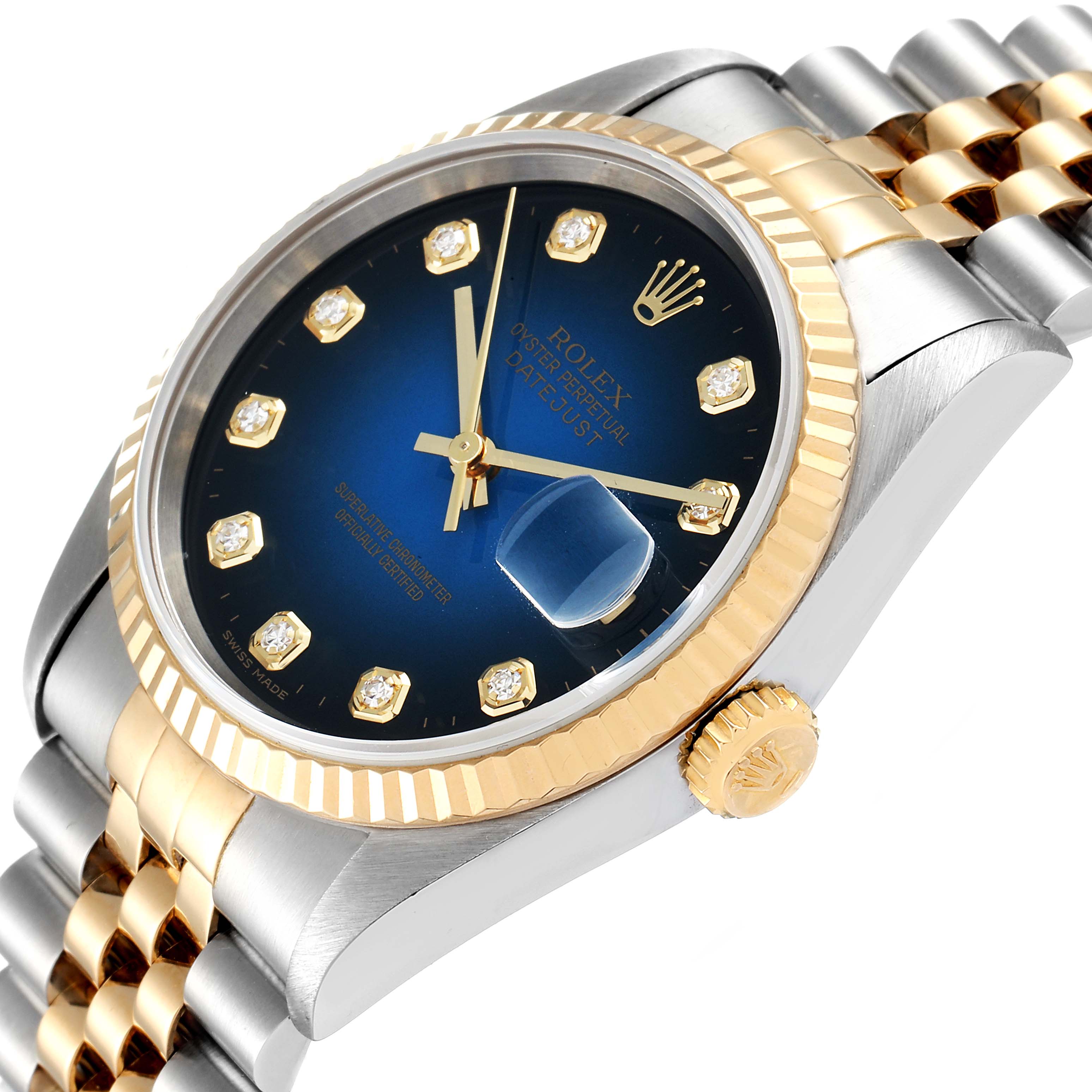 This image shows a close-up angled view of the dial, bezel, crown, and bracelet of a Rolex Datejust 16233 Men's Steel and Gold (two tone) Blue Dial 16233 Men's Steel and Gold (two tone) Blue Dial watch.