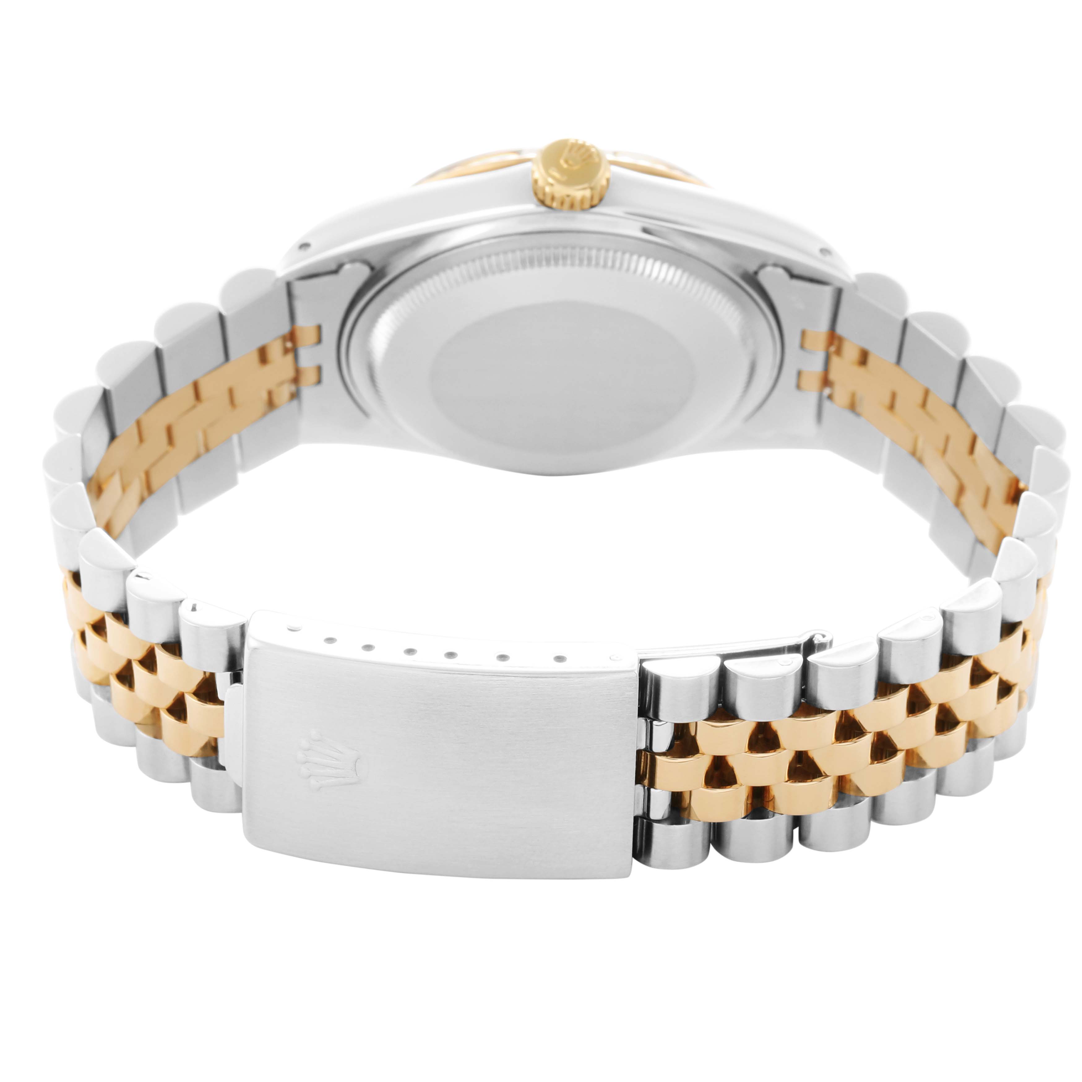 The image shows the back and clasp of the Rolex Vintage Collection model 16013 Men's watch at an angle highlighting the two-tone bracelet and crown.