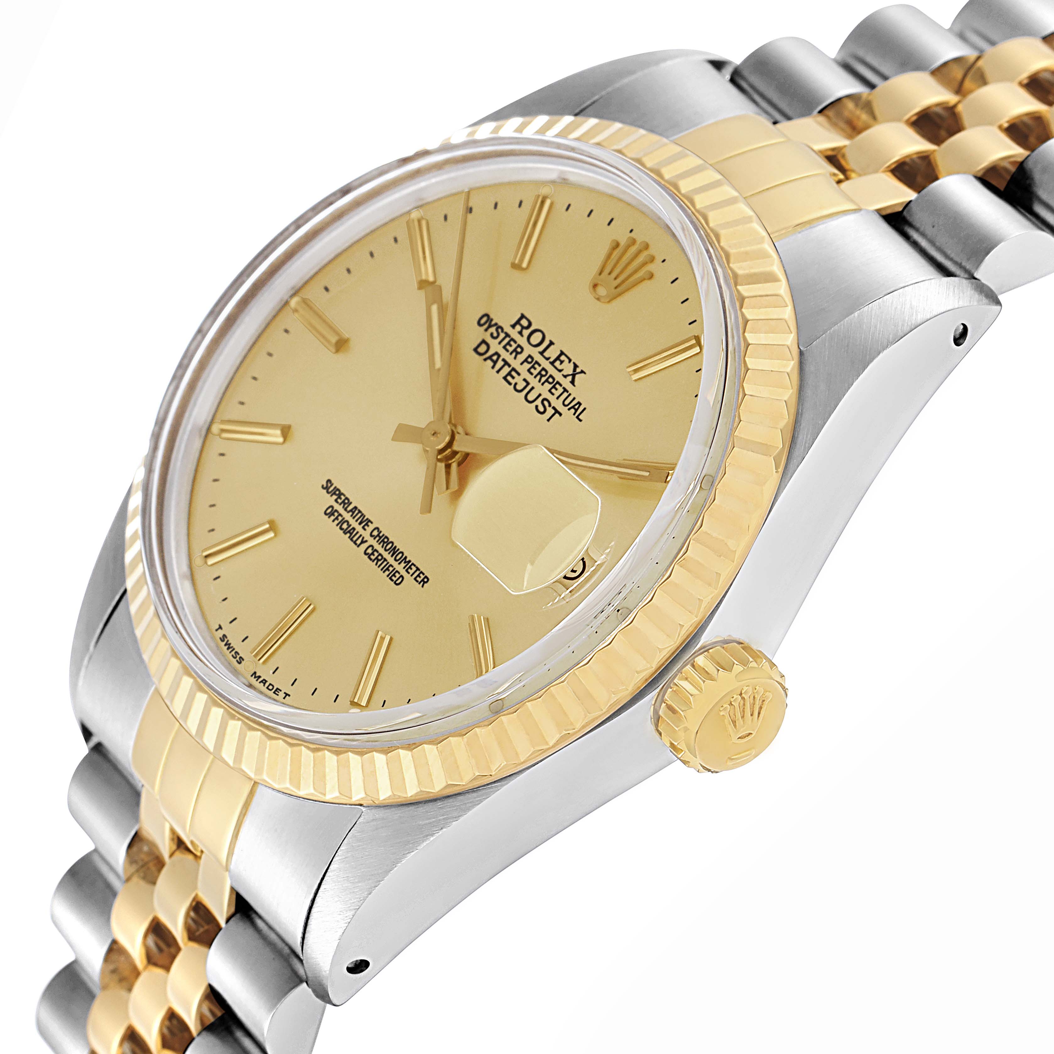 The image shows the Rolex Vintage Collection model 16013 men's watch at a slight angle, highlighting the gold bezel, crown, dial, and two-tone bracelet.
