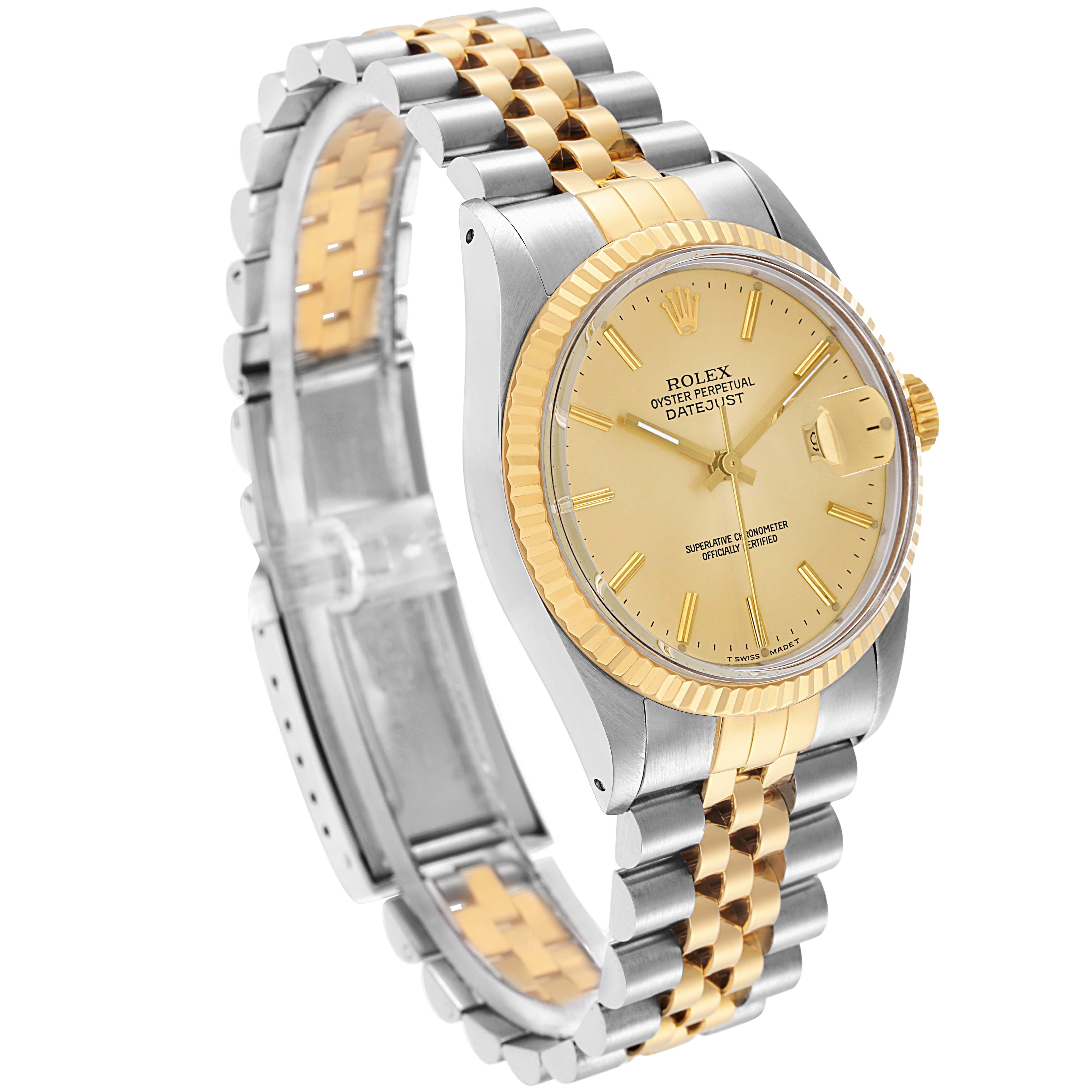 The Rolex Vintage Collection model 16013 is shown from a three-quarter angle, highlighting the two-tone bracelet, fluted bezel, and champagne dial.