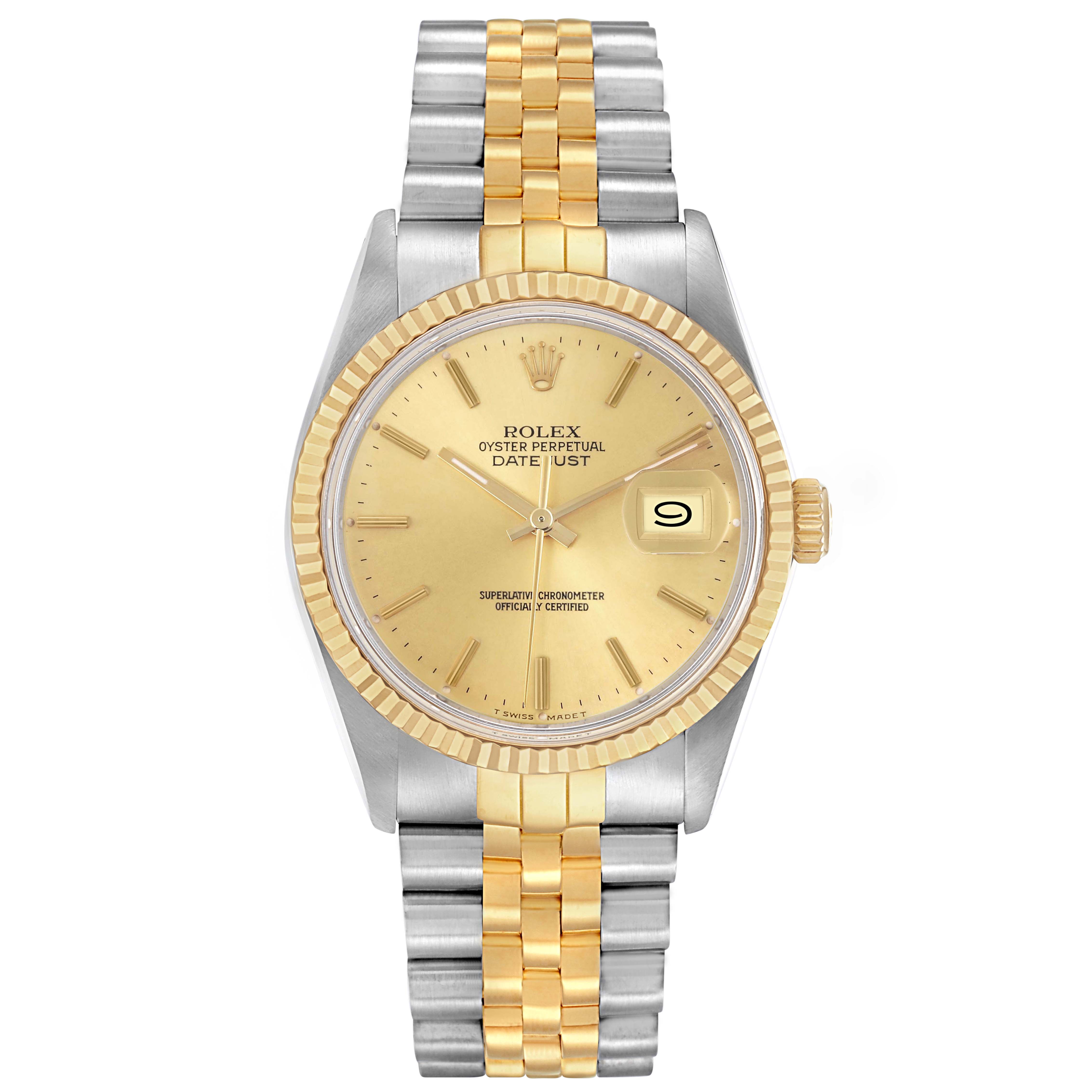 The Rolex Vintage Collection model 16013 men's watch is shown from a front angle, highlighting its two-tone bracelet, gold dial, and fluted bezel.
