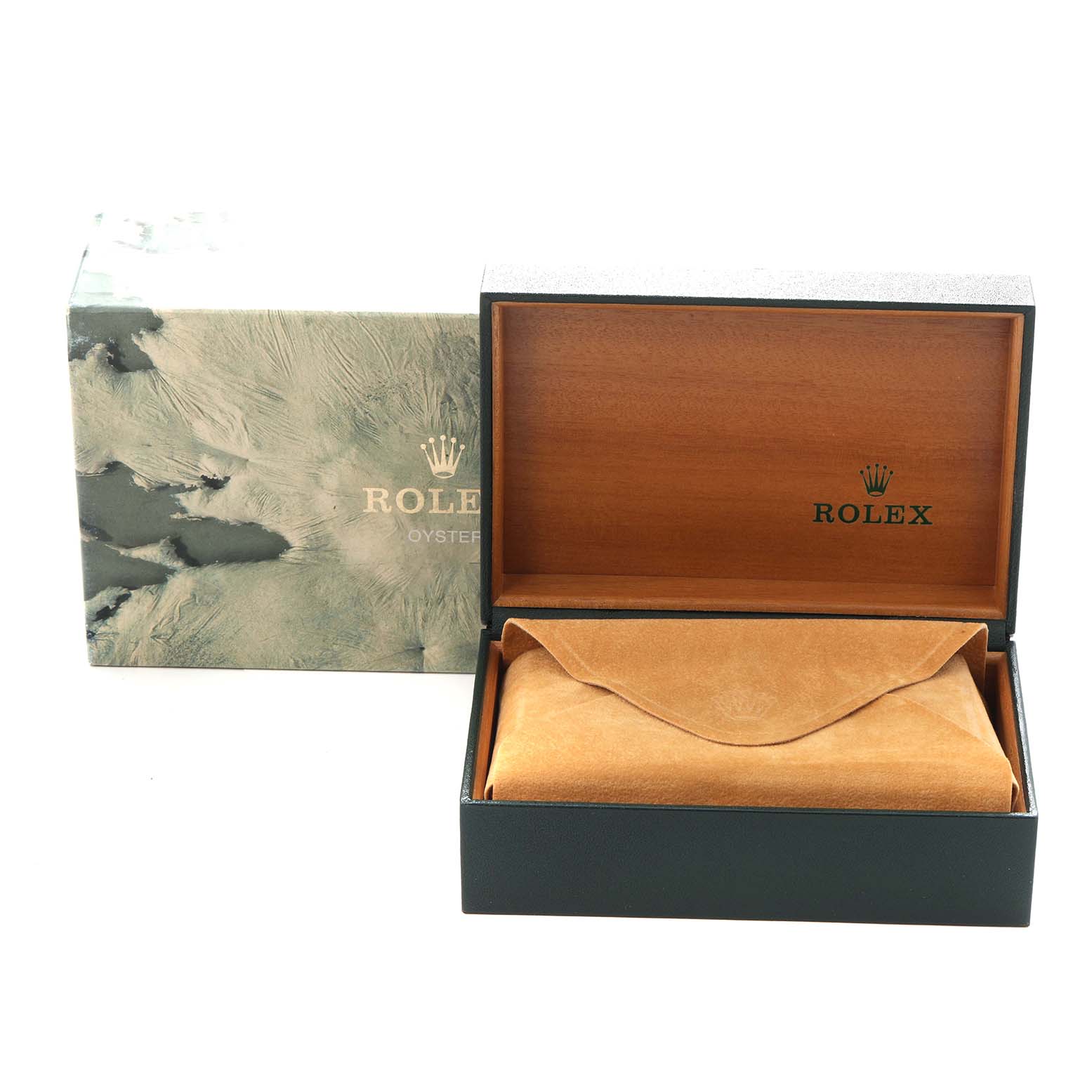The image shows an open Rolex watch box with a suede pouch inside, displaying packaging for the Vintage Collection, model 16013, men's watch.