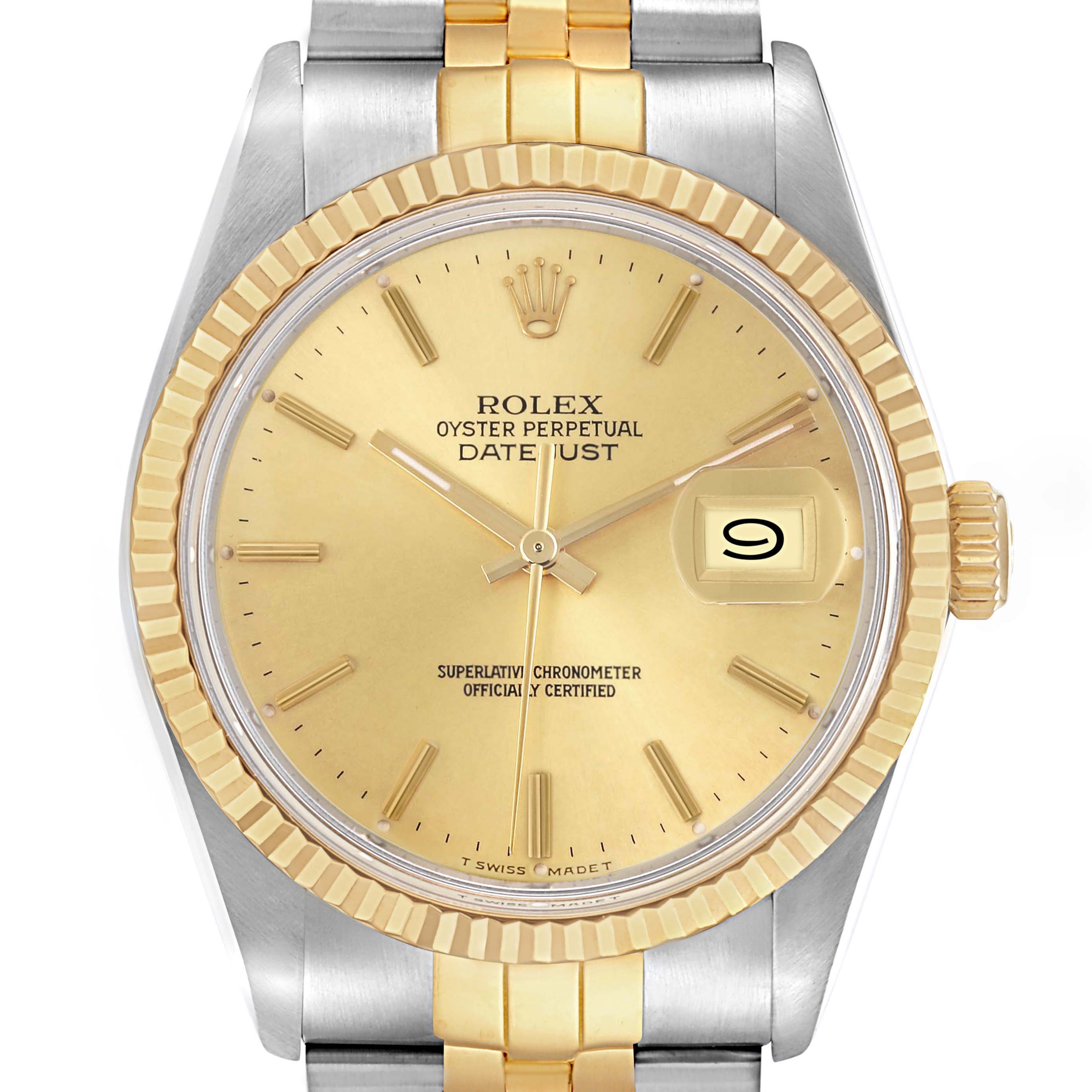 The watch is shown from a top-down angle, featuring the face, bezel, crown, and part of the bracelet of the Rolex Vintage Collection model 16013.