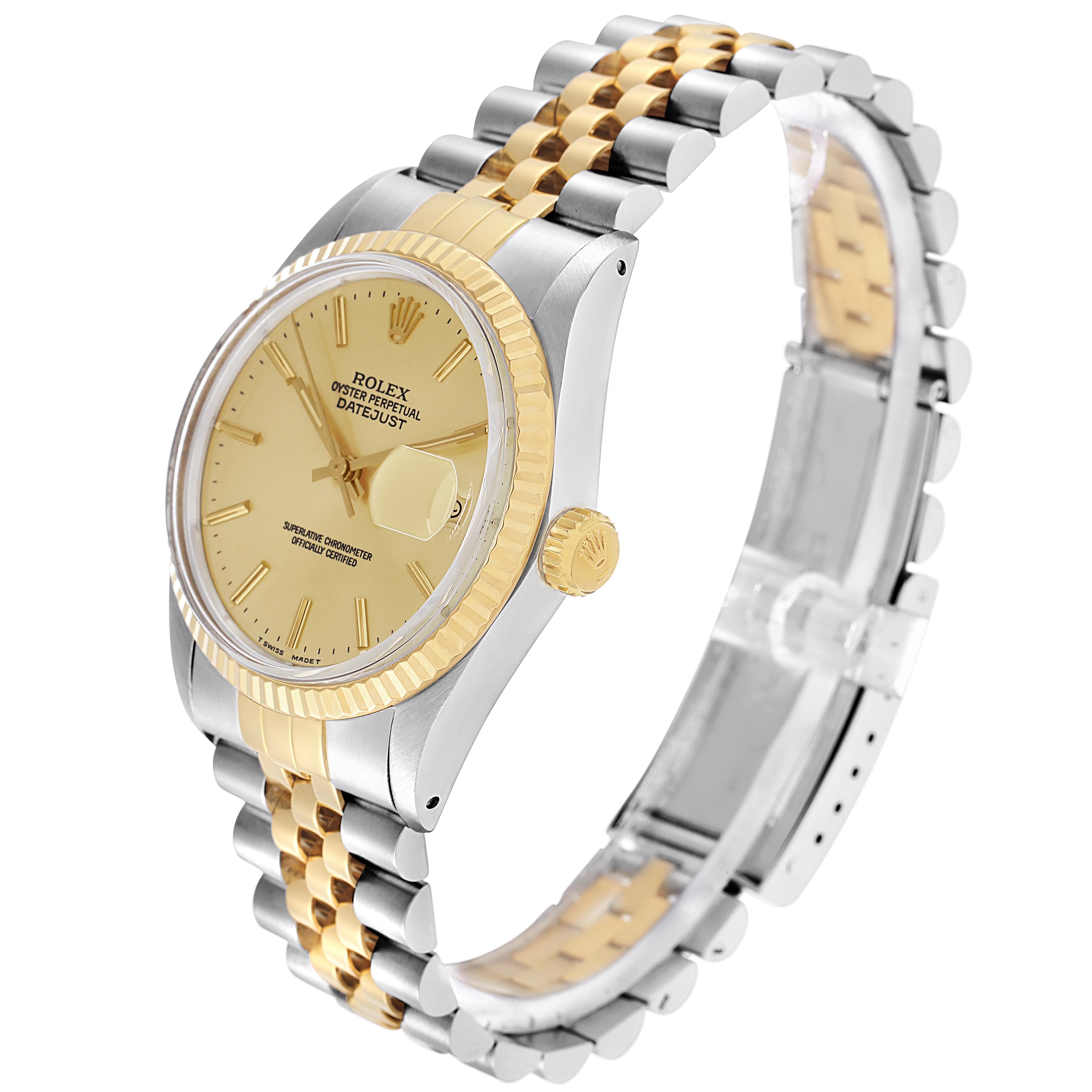 The Rolex Vintage Collection model 16013 men's watch is shown at a three-quarter angle, highlighting the dial, case, fluted bezel, crown, and two-tone bracelet.