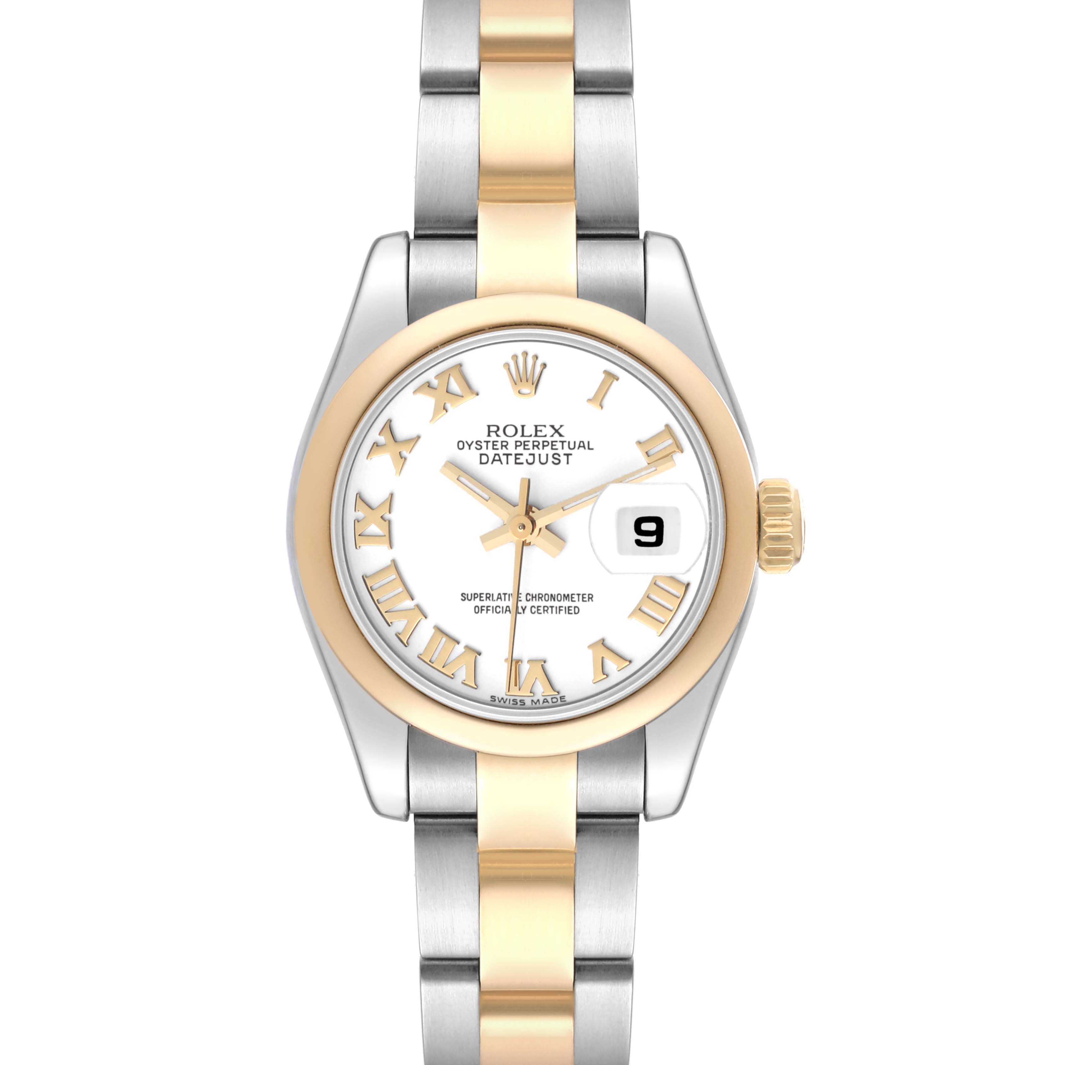 This is a frontal view of the Rolex Datejust 179163 Women
s Steel and Gold (two tone) White Dial 179163 Women
s Steel and Gold (two tone) White Dial watch, showing the face, bezel, and bracelet.