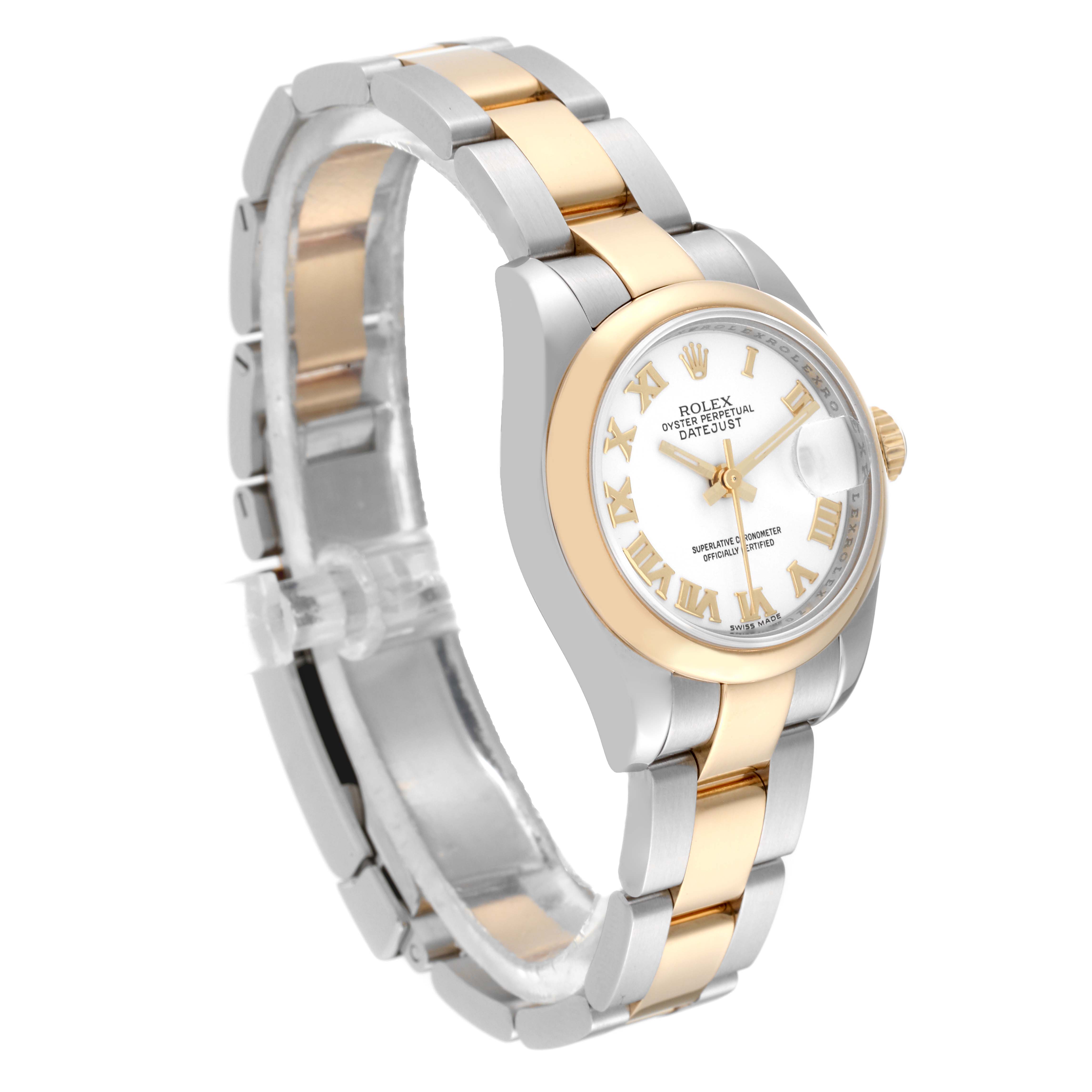 This image shows a Rolex Datejust 179163 Women
s Steel and Gold (two tone) White Dial 179163 Women
s Steel and Gold (two tone) White Dial watch at a slight angle, capturing the bezel, dial, and two-tone bracelet.