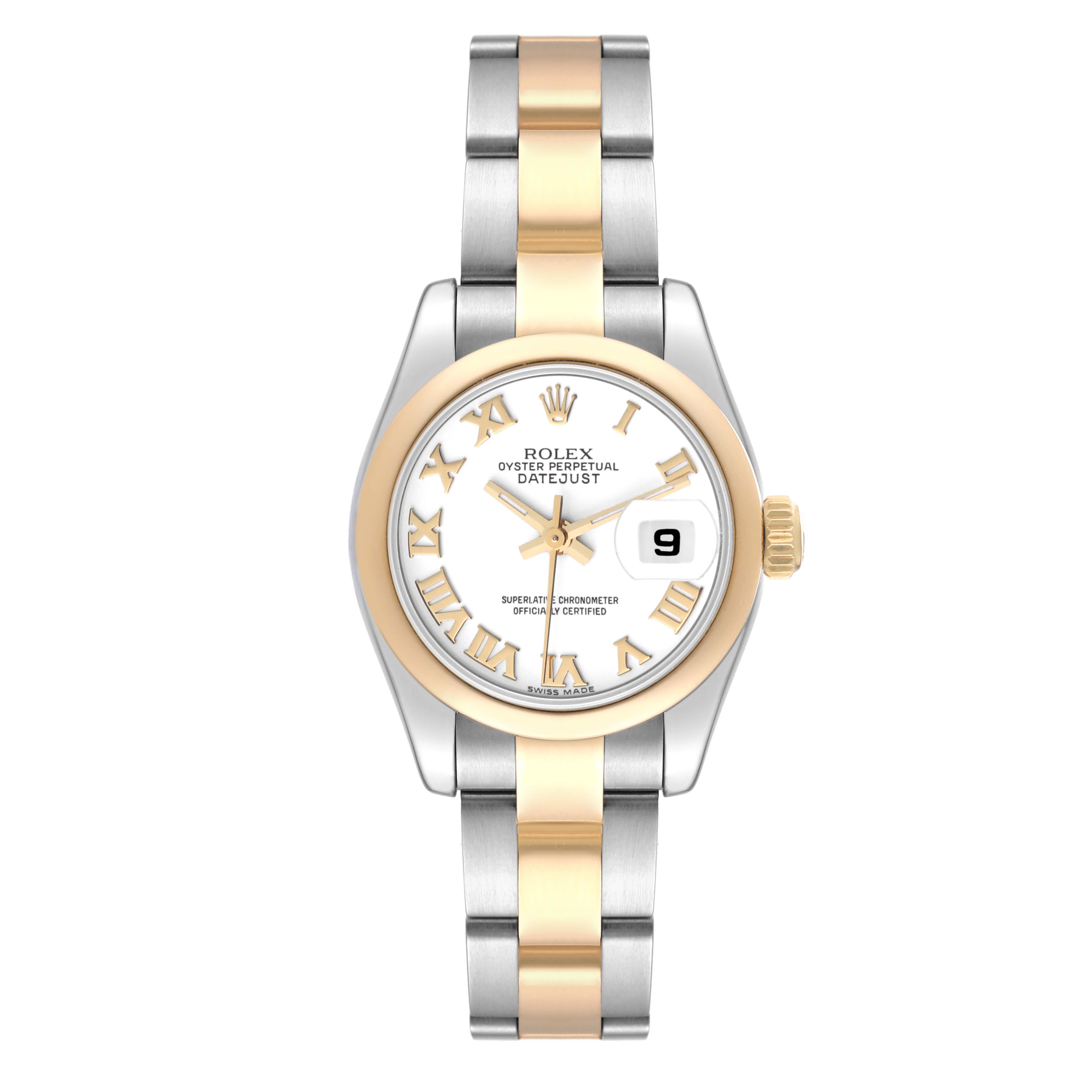 This image shows a front view of a Rolex Datejust 179163 Women
s Steel and Gold (two tone) White Dial 179163 Women
s Steel and Gold (two tone) White Dial watch, featuring a two-tone metal bracelet, white dial, and gold Roman numeral markers.