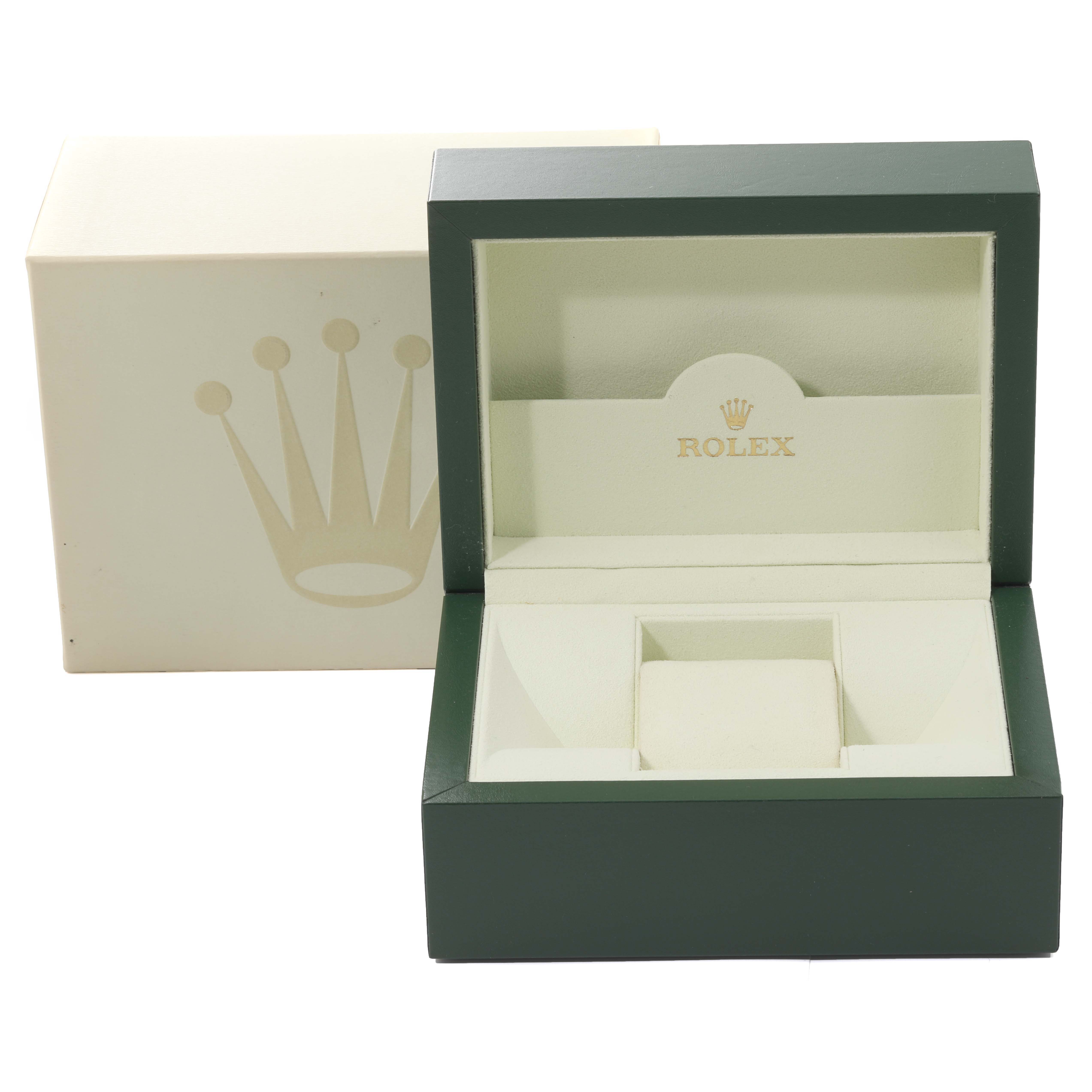 The image shows a green and beige Rolex Datejust 179163 Women
s Steel and Gold (two tone) White Dial 179163 Women
s Steel and Gold (two tone) White Dial watch box and its outer case from a front angle.