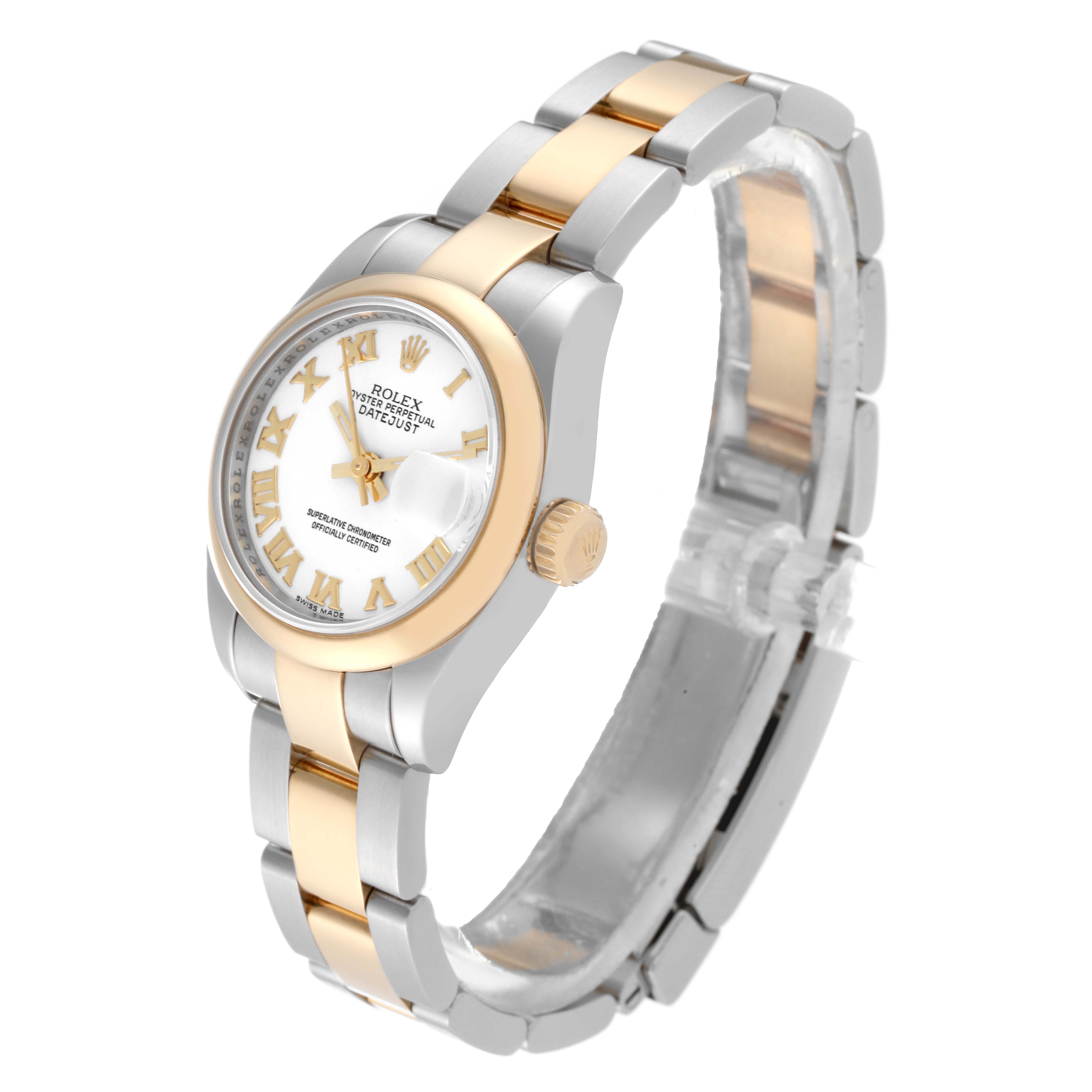 The Rolex Datejust 179163 Women
s Steel and Gold (two tone) White Dial 179163 Women
s Steel and Gold (two tone) White Dial watch is shown at a three-quarter angle, highlighting its face, bezel, crown, and two-tone bracelet.