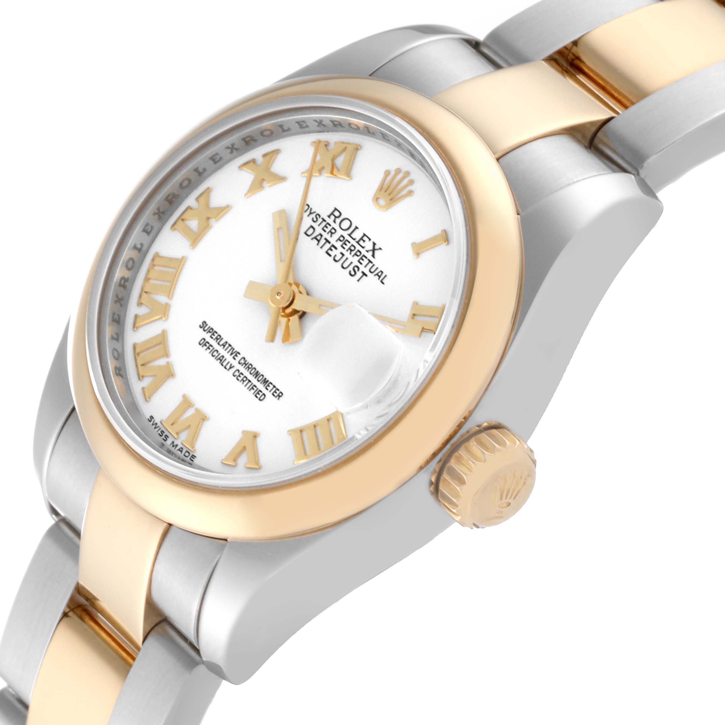 This image captures a close-up angle of the Rolex Datejust 179163 Women
s Steel and Gold (two tone) White Dial 179163 Women
s Steel and Gold (two tone) White Dial watch showing the dial, bezel, crown, and part of the bracelet.
