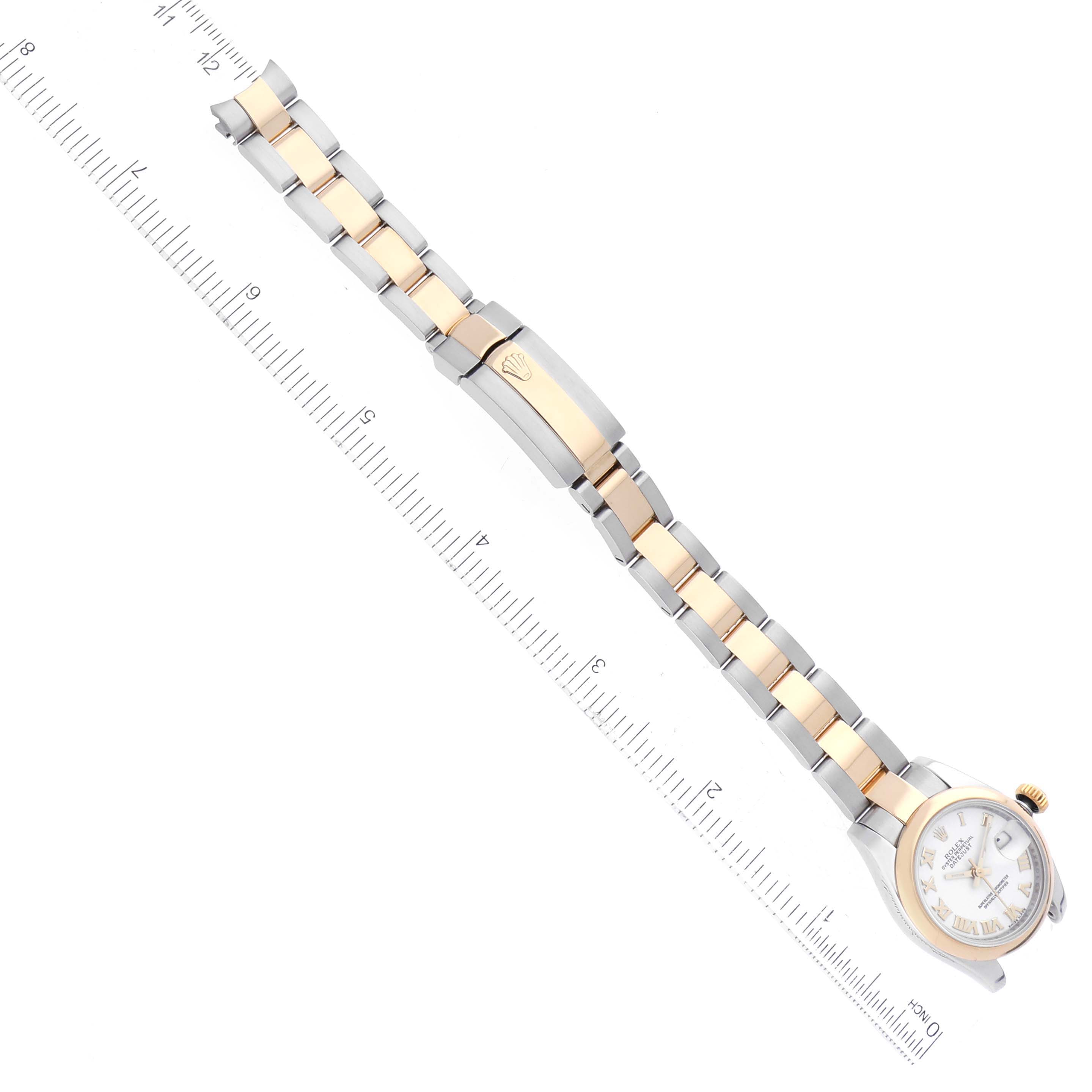 This image shows a top-down view of a Rolex Datejust 179163 Women
s Steel and Gold (two tone) White Dial 179163 Women
s Steel and Gold (two tone) White Dial watch, focusing on the full bracelet and clasp.