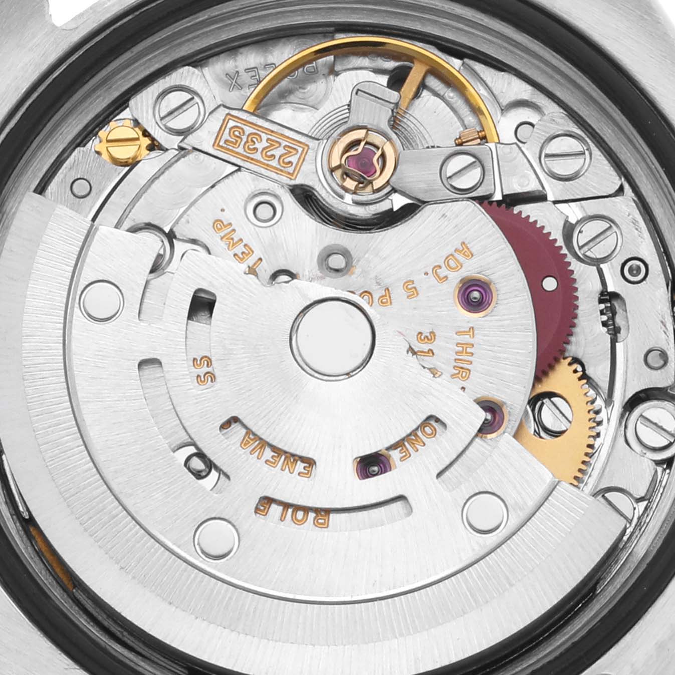 This image shows a close-up of the inner mechanical movement of a Rolex Datejust 179163 Women
s Steel and Gold (two tone) White Dial 179163 Women
s Steel and Gold (two tone) White Dial watch.
