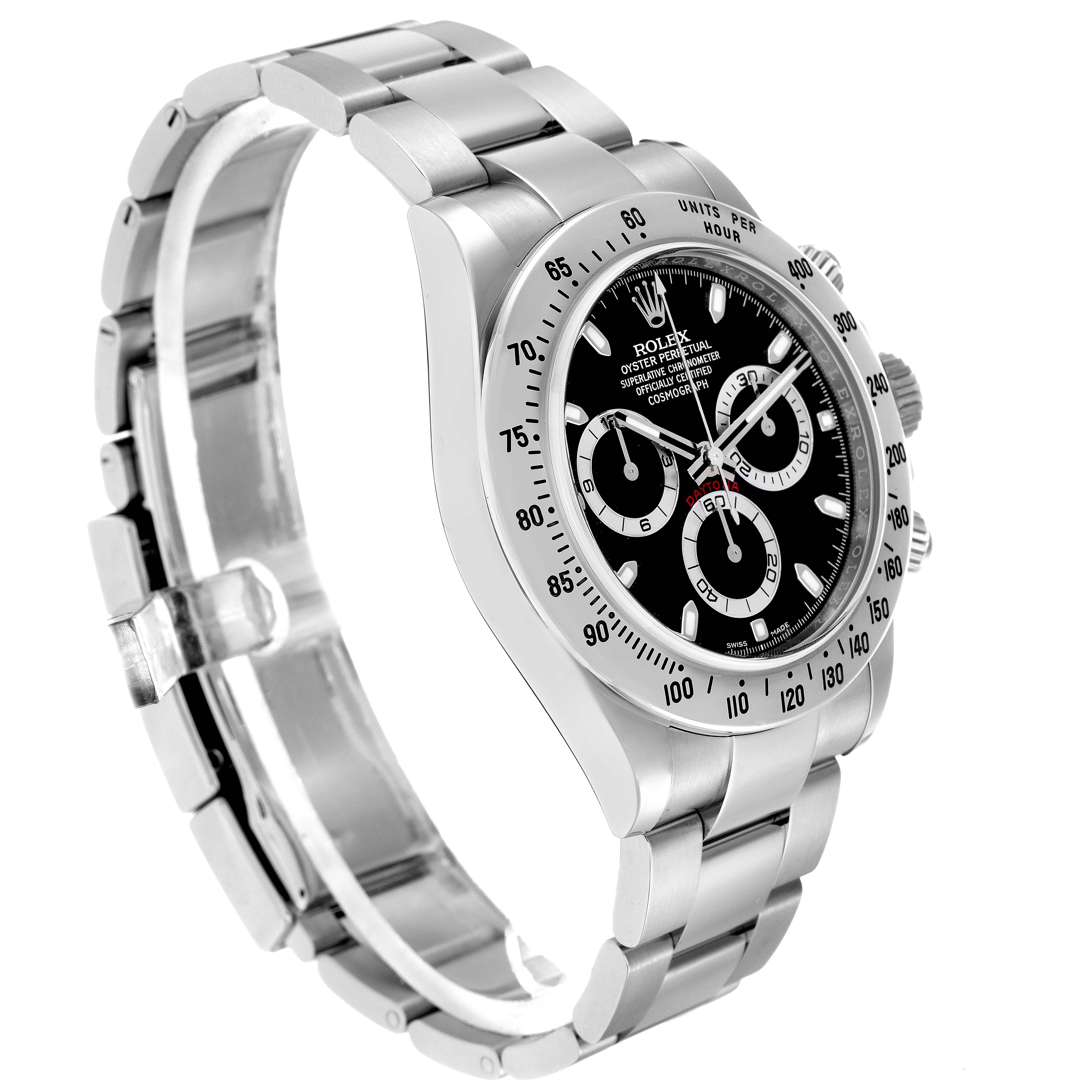 The image shows a side view of the Rolex Daytona model 116520 men
s watch, highlighting the bracelet, case, bezel, and face.