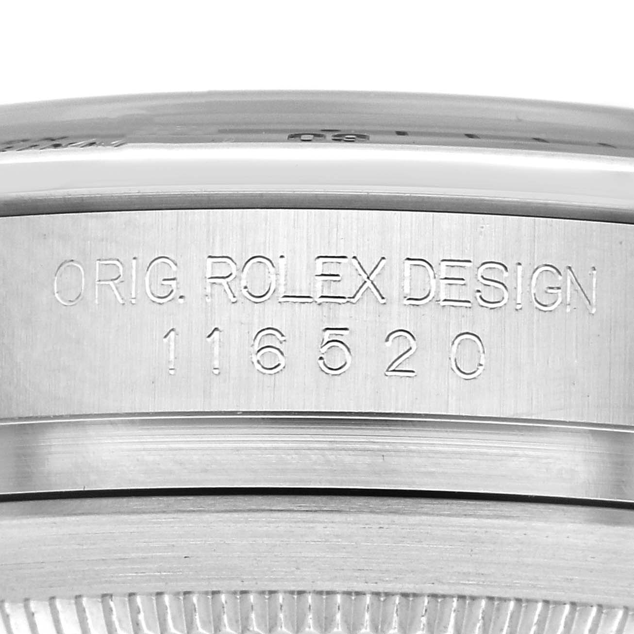The image shows a detailed engraving on the side of a Rolex Daytona, model number 116520.