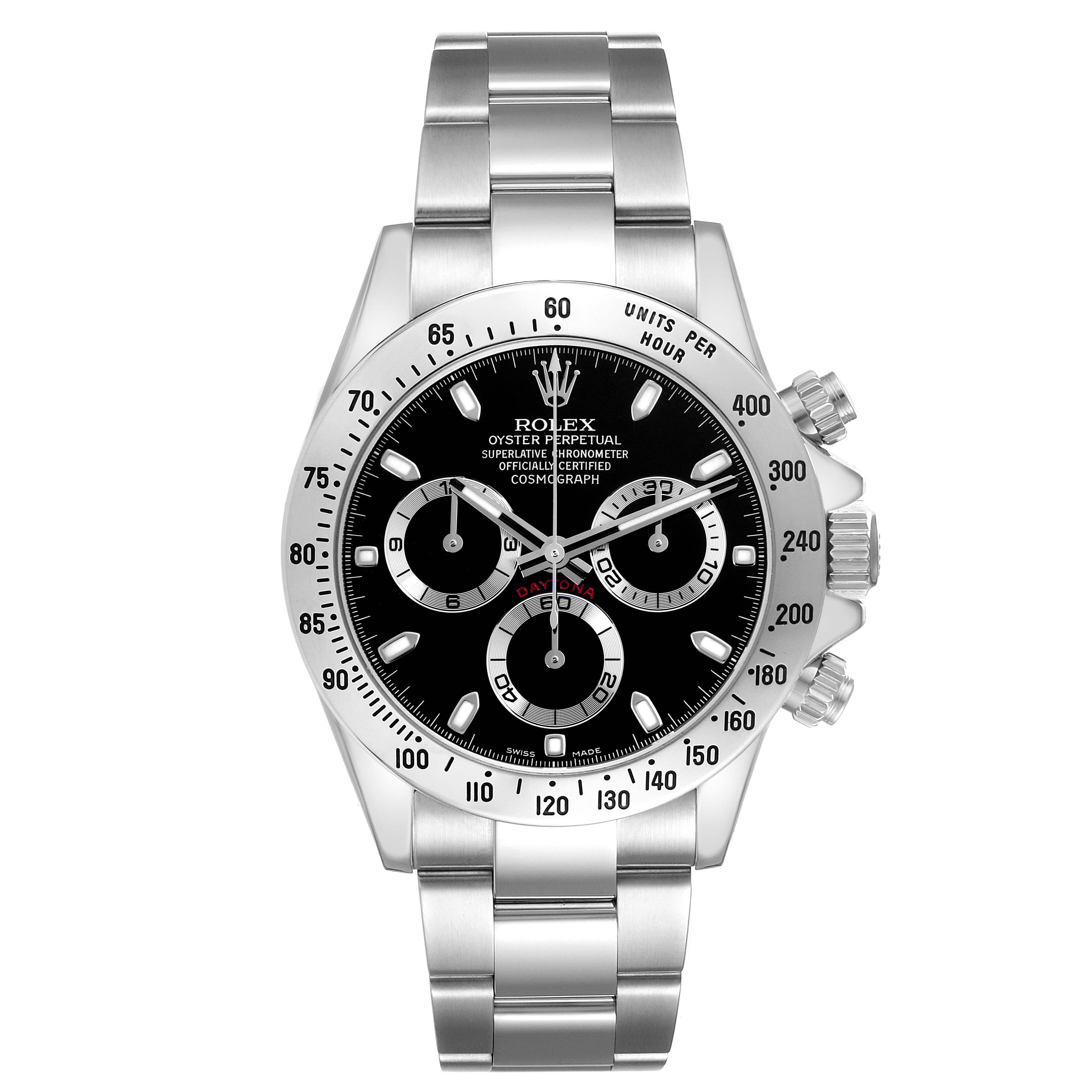 The Rolex Daytona 116520 men
s watch is shown from a front angle, highlighting its black dial, subdials, bezel, and stainless steel bracelet.