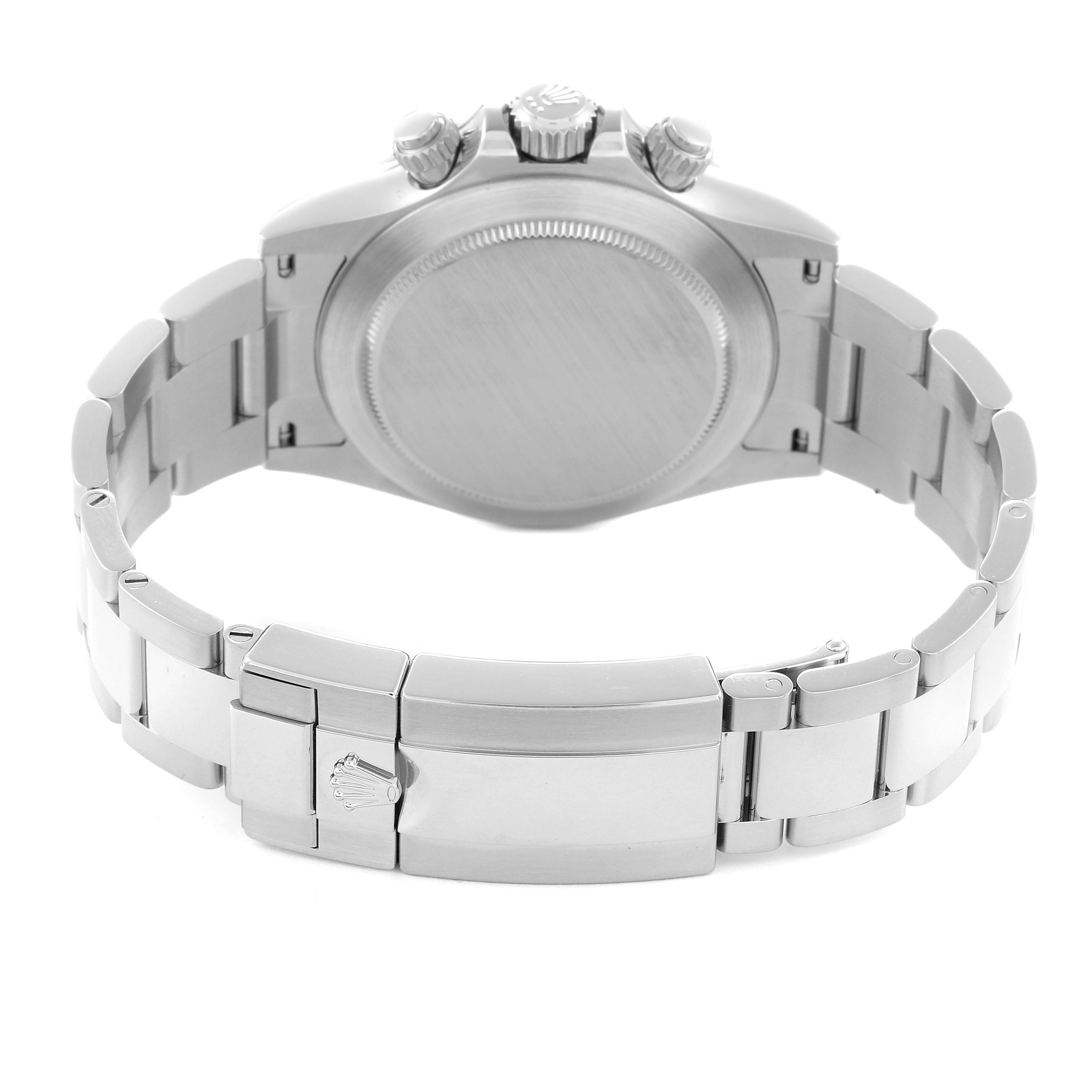 The image shows the back view of a Rolex Daytona model 116520 men
s watch, highlighting the bracelet, clasp, case back, and pushers.