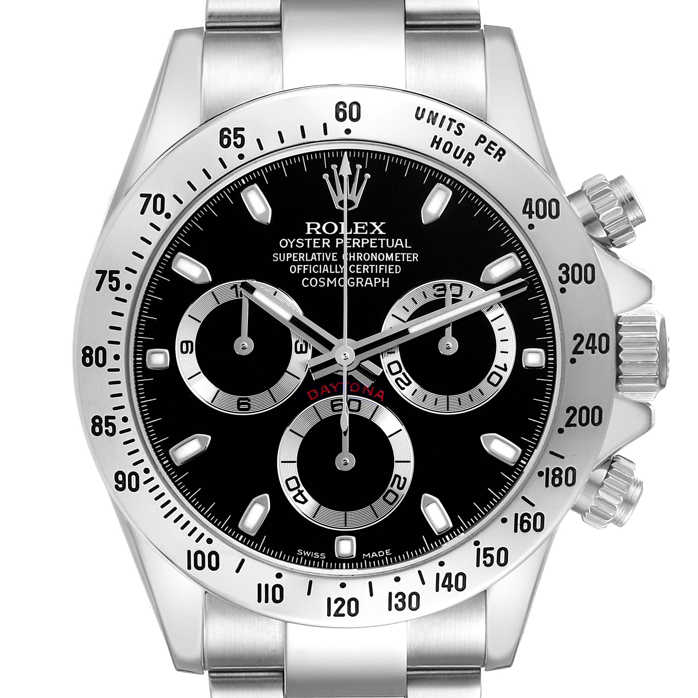 The Rolex Daytona model 116520 watch is shown from a front angle, highlighting its black dial, chronograph subdials, and stainless steel bezel.