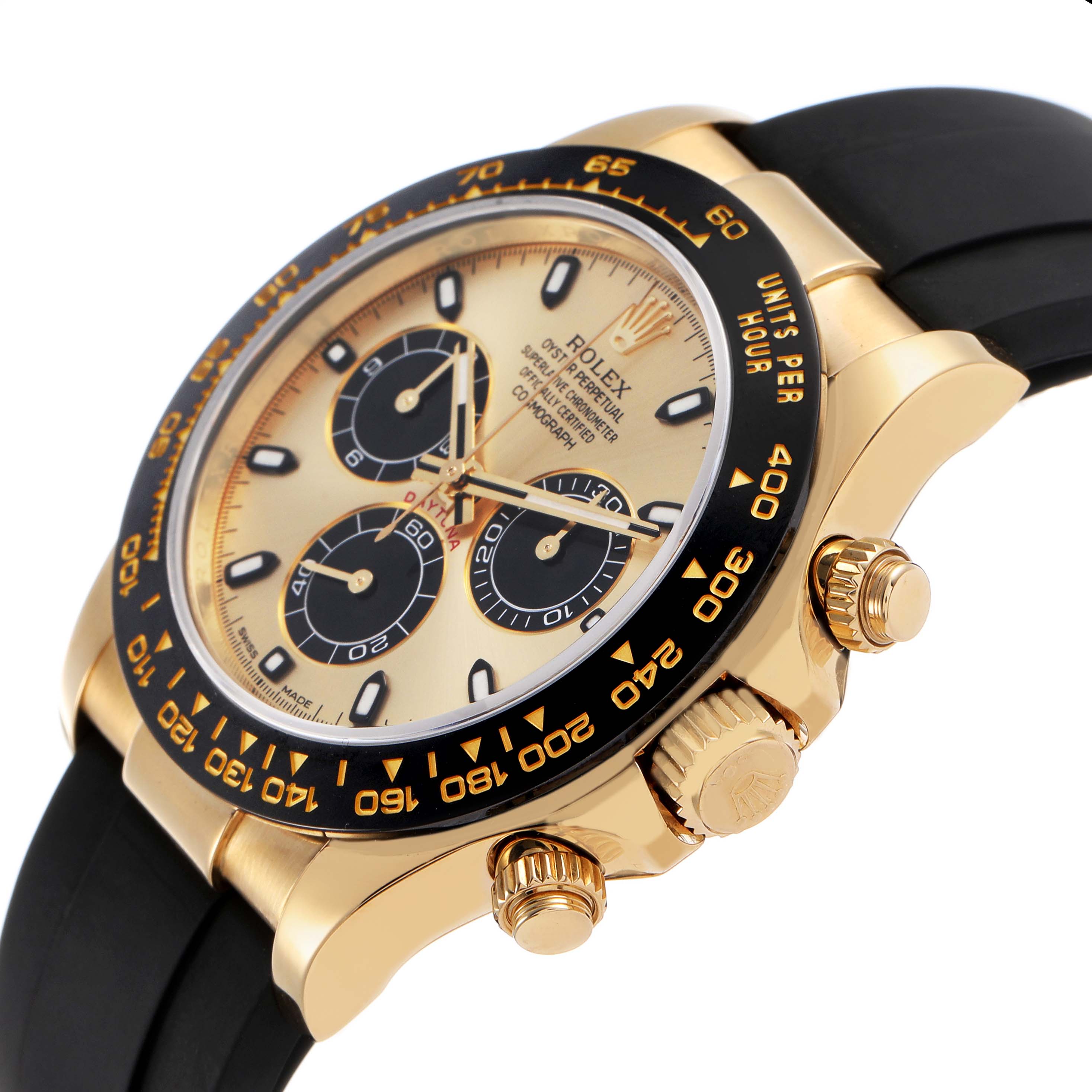 The Rolex Daytona 116518LN Men's Yellow Gold Champagne Dial watch is shown at a slightly tilted angle, highlighting the dial, bezel, crown, and pushers.