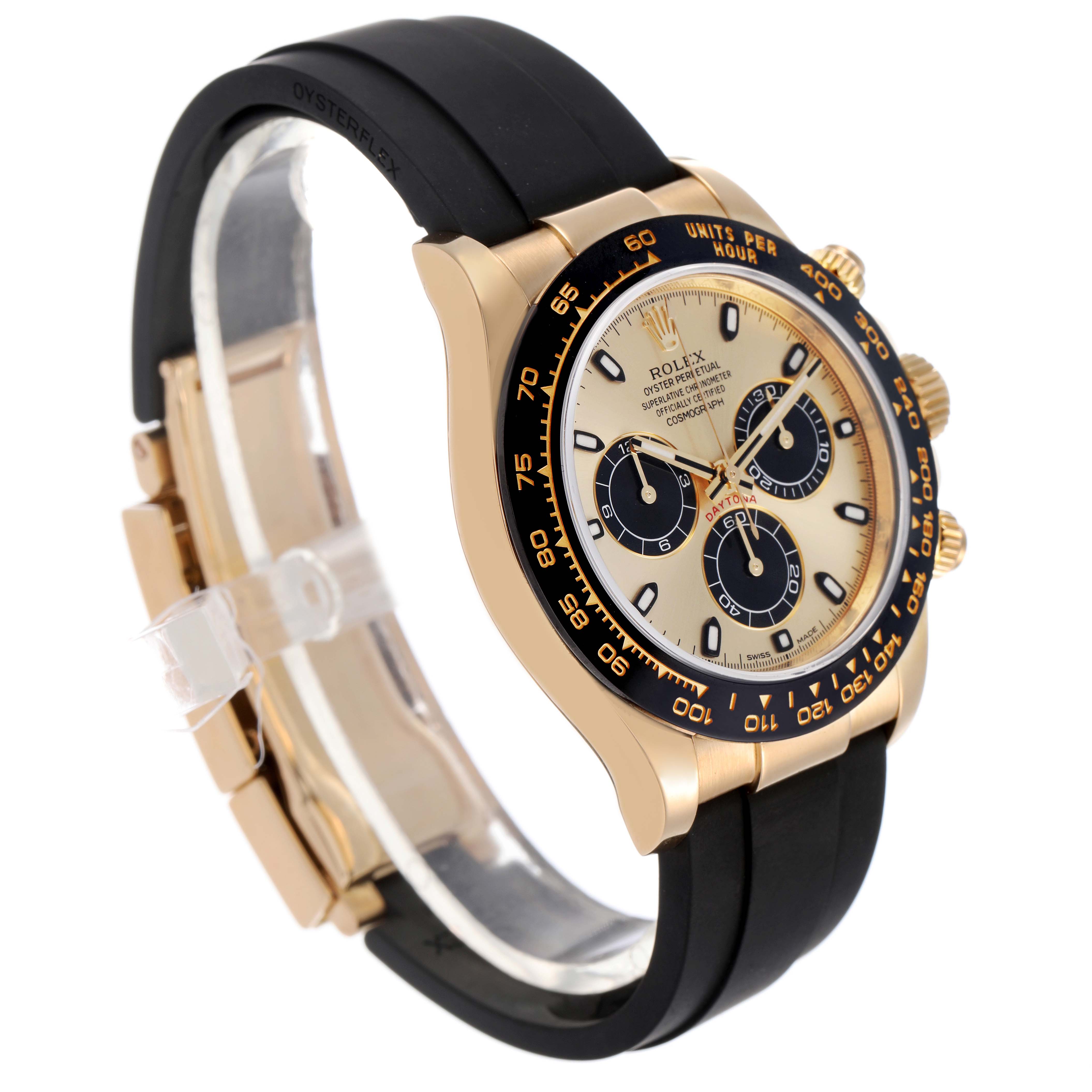 The Rolex Daytona 116518LN Men's Yellow Gold Champagne Dial watch is shown from a three-quarter angle, featuring its face, bezel, and black Oysterflex strap.