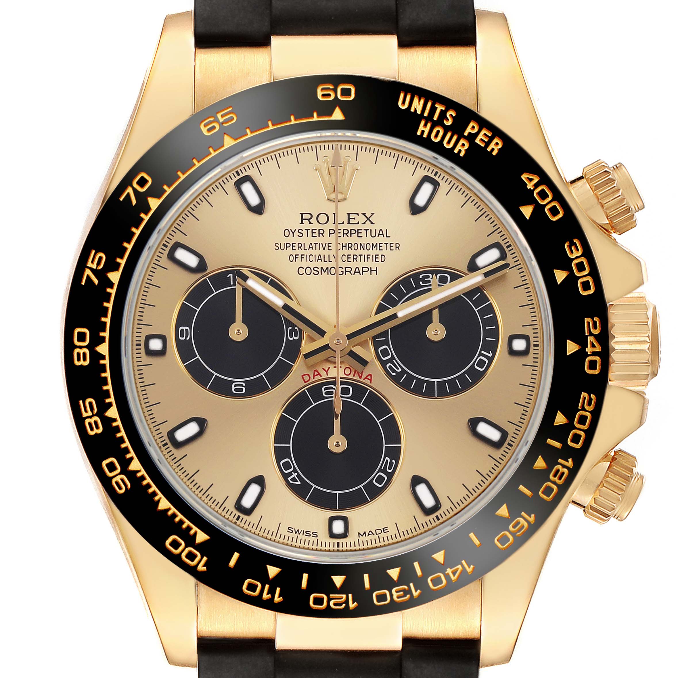 The image shows a front view of a Rolex Daytona 116518LN Men's Yellow Gold Champagne Dial watch, featuring its bezel, dial, and subdials.