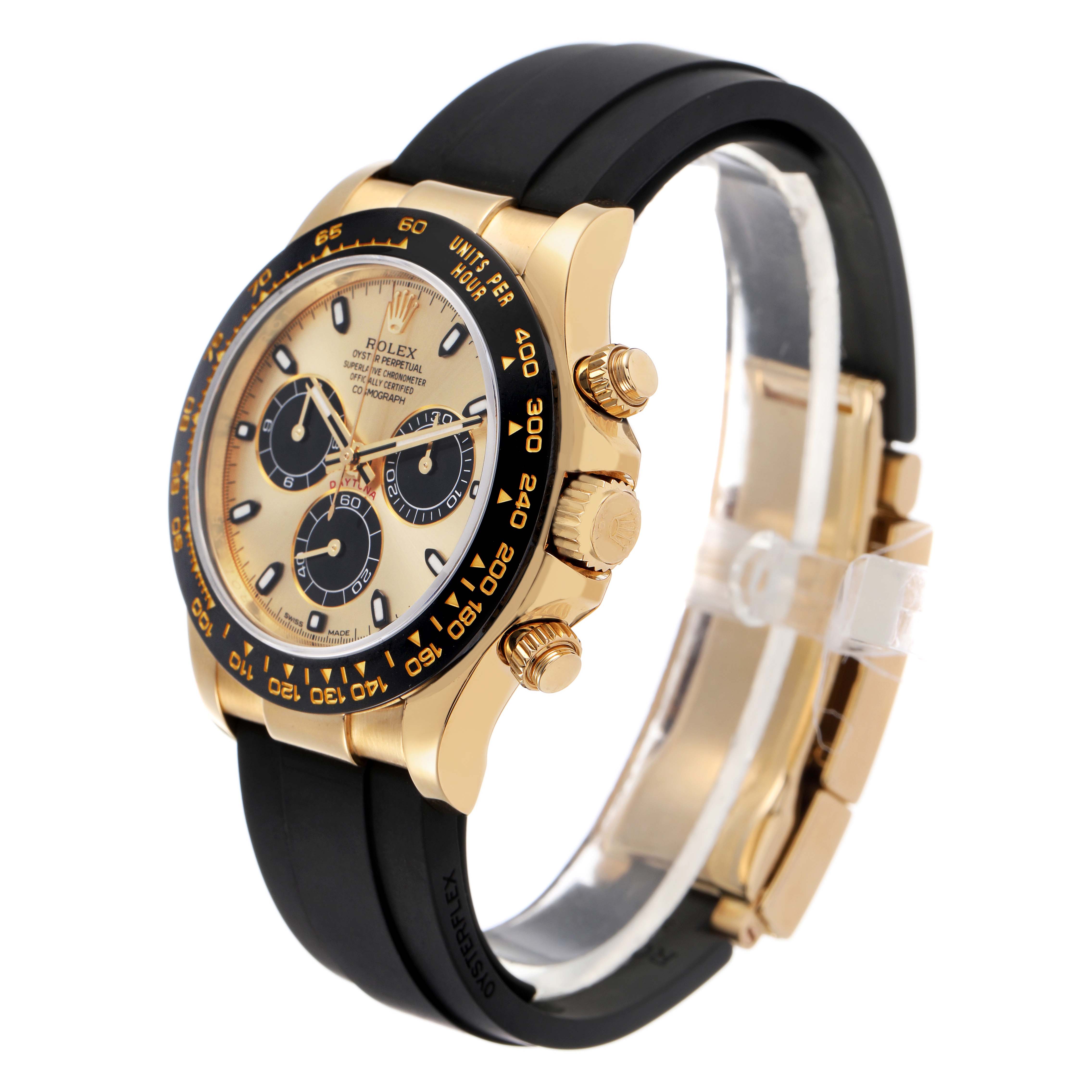 The Rolex Daytona 116518LN Men's Yellow Gold Champagne Dial watch is shown at a three-quarter angle, highlighting the face, bezel, crown, and black strap.