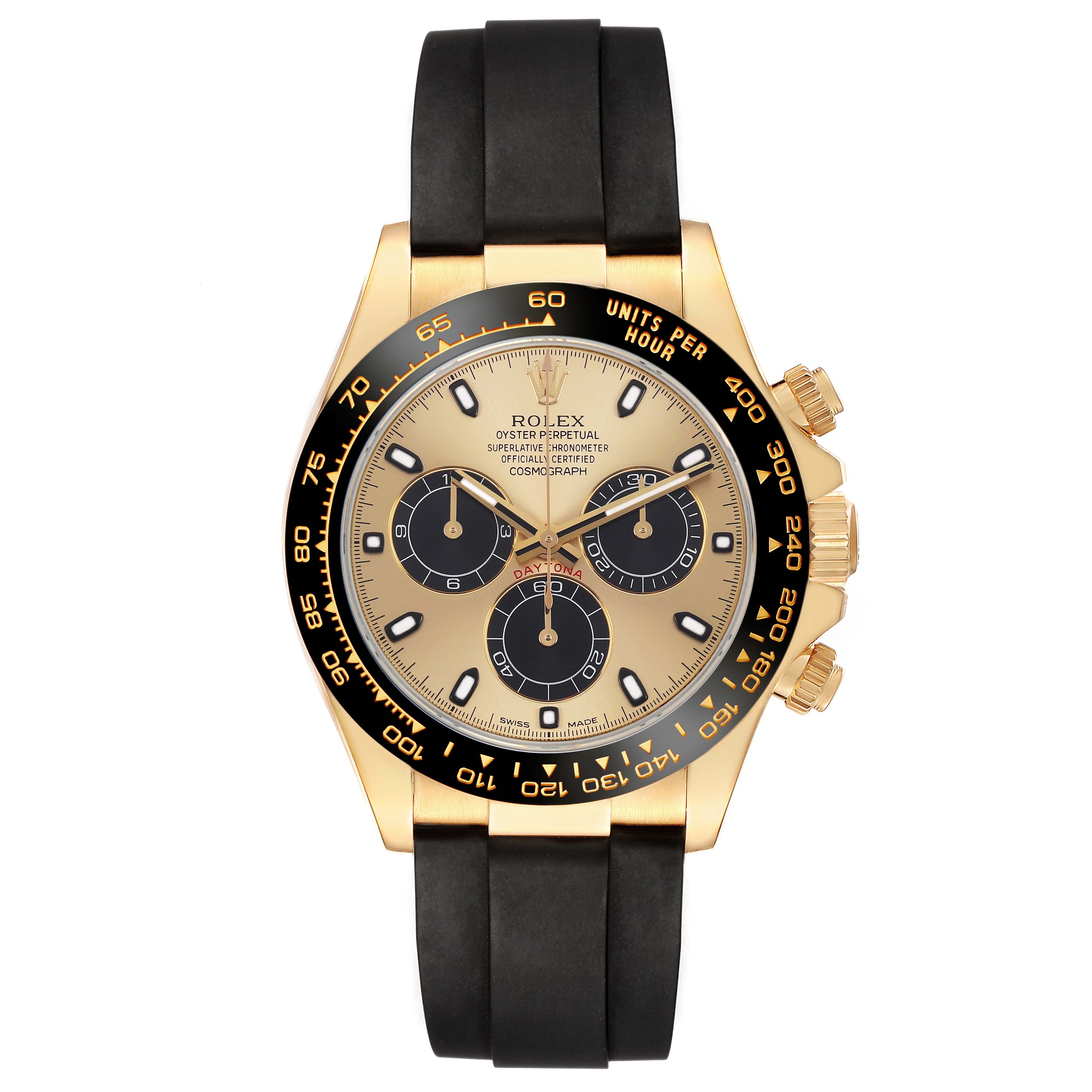 The Rolex Daytona 116518LN Men's Yellow Gold Champagne Dial watch is shown straight-on, displaying the face, bezel, crown, pushers, and strap.