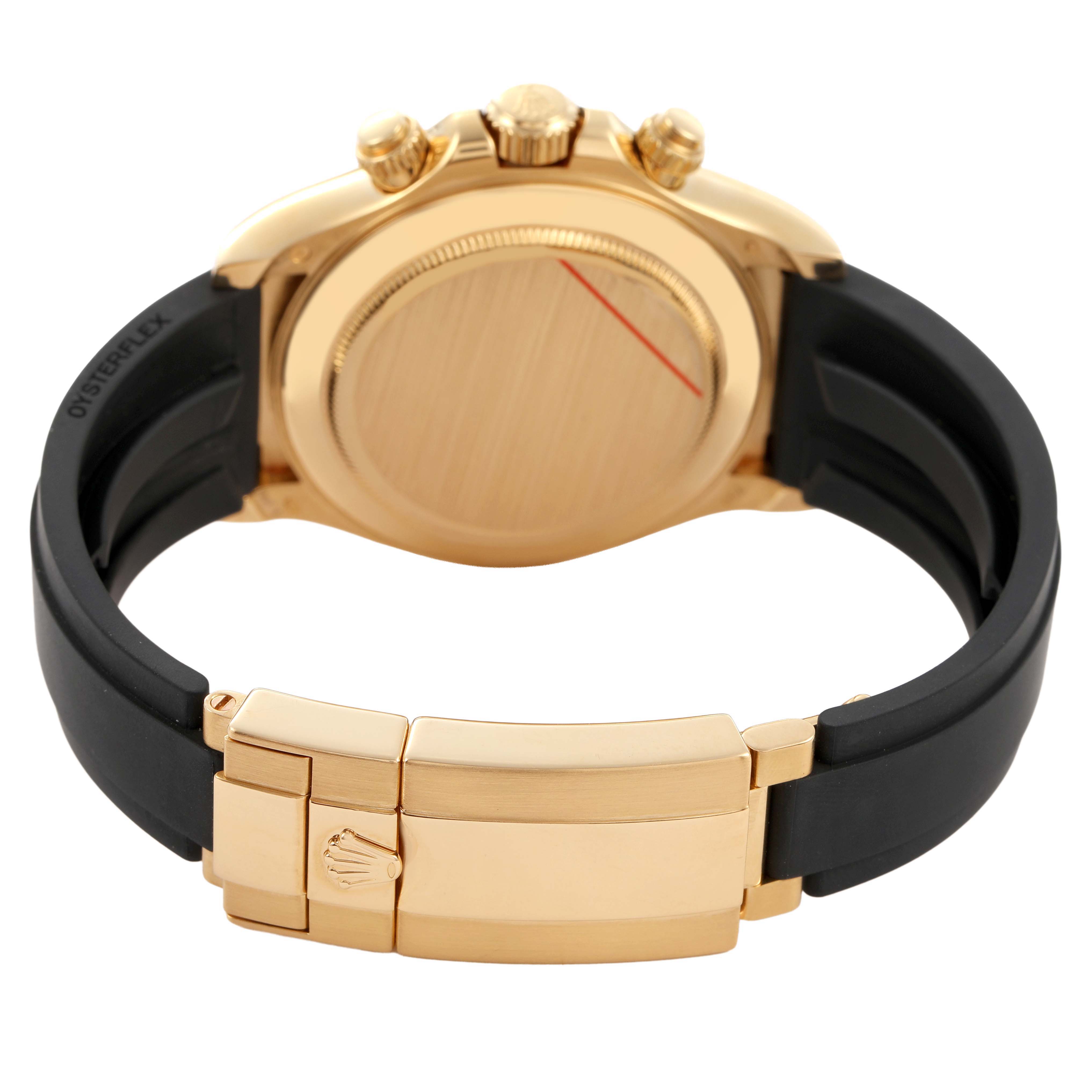 The image shows the back and clasp of a Rolex Daytona 116518LN Men's Yellow Gold Champagne Dial, highlighting the gold case and black strap from a rear angle.