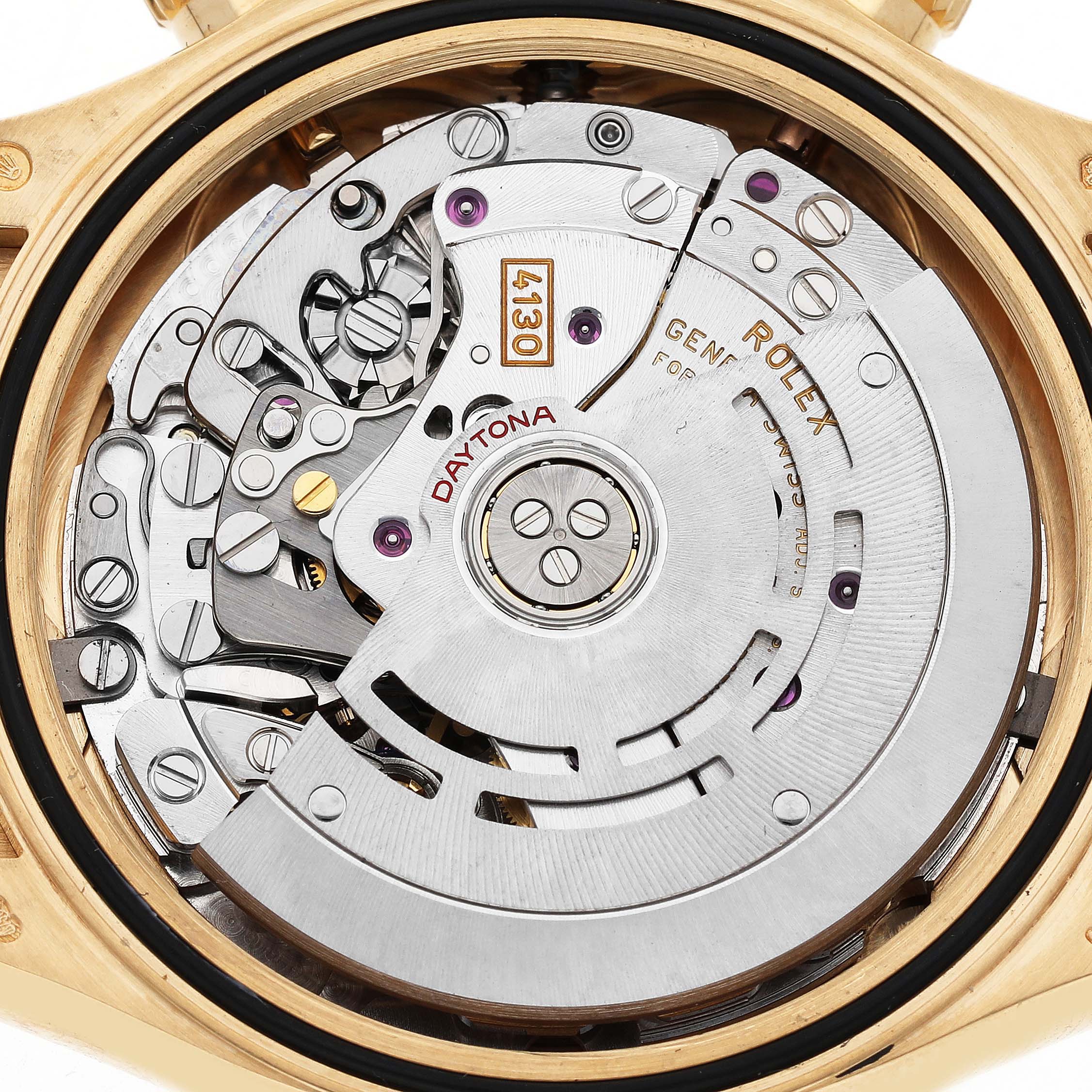 The image shows the movement and internal mechanism of the Rolex Daytona 116518LN Men's Yellow Gold Champagne Dial, featuring gears and the rotor from a back view.