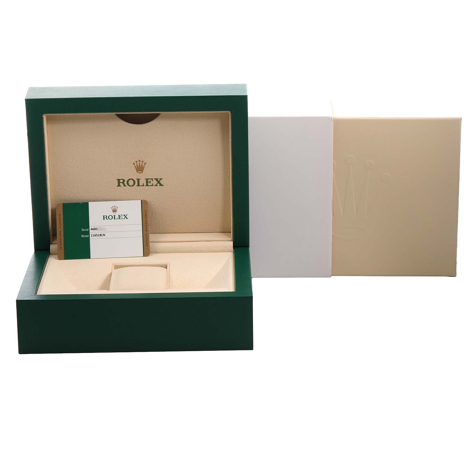 The image shows the Rolex Daytona 116518LN Men's Yellow Gold Champagne Dial watch box, including the green outer box, beige inner box, and a card.