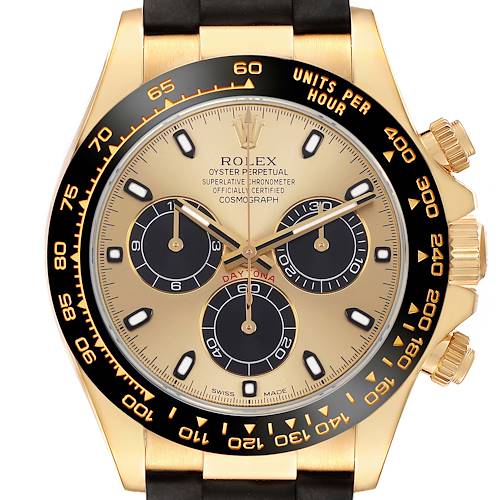 The Rolex Daytona 116518LN Men's Yellow Gold Champagne Dial watch is shown from a frontal angle, highlighting its dial, bezel, sub-dials, and crown.