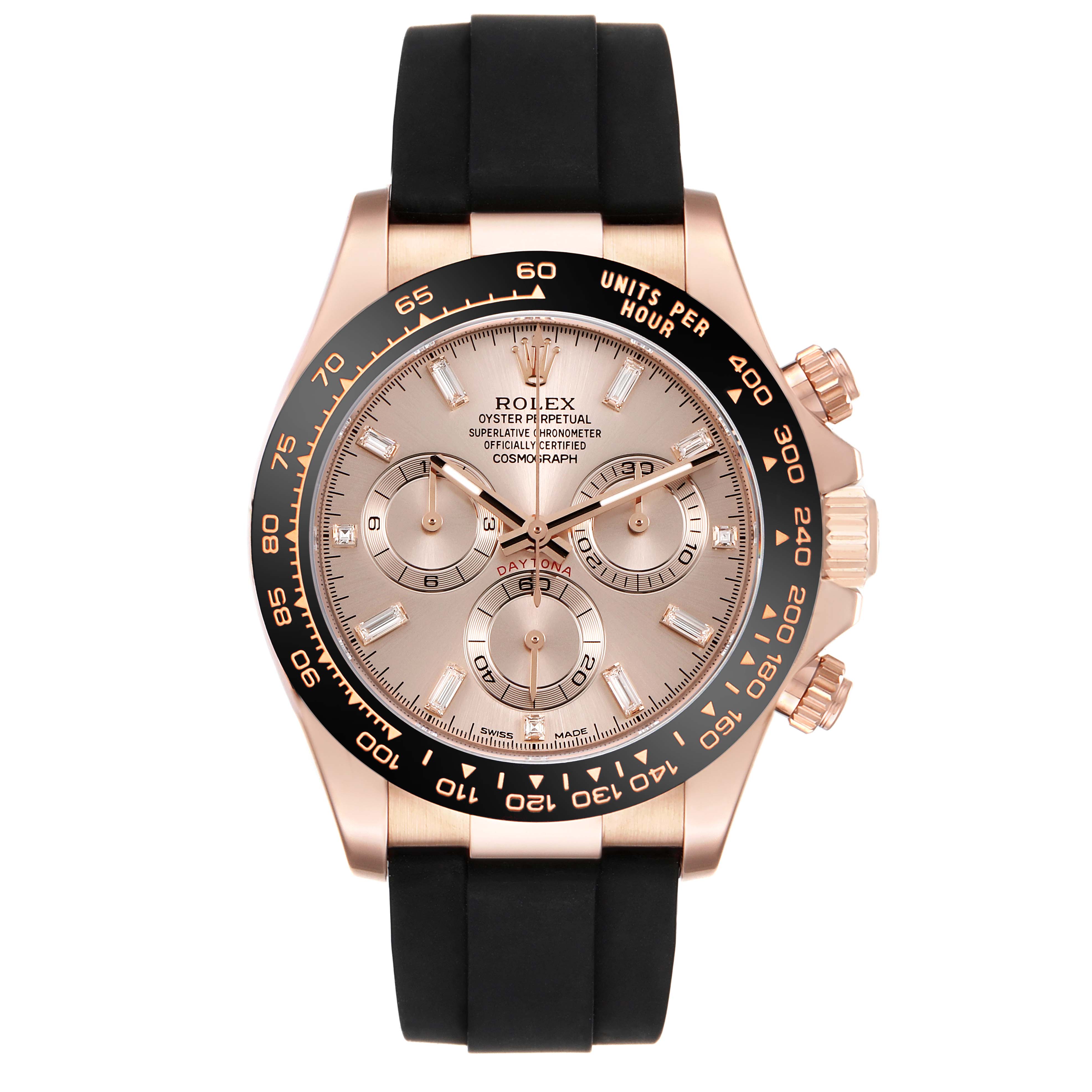 The Rolex Daytona 116515LN Men's Rose Gold Pink Dial watch is shown from the front, displaying its face, bezel, and rubber strap.