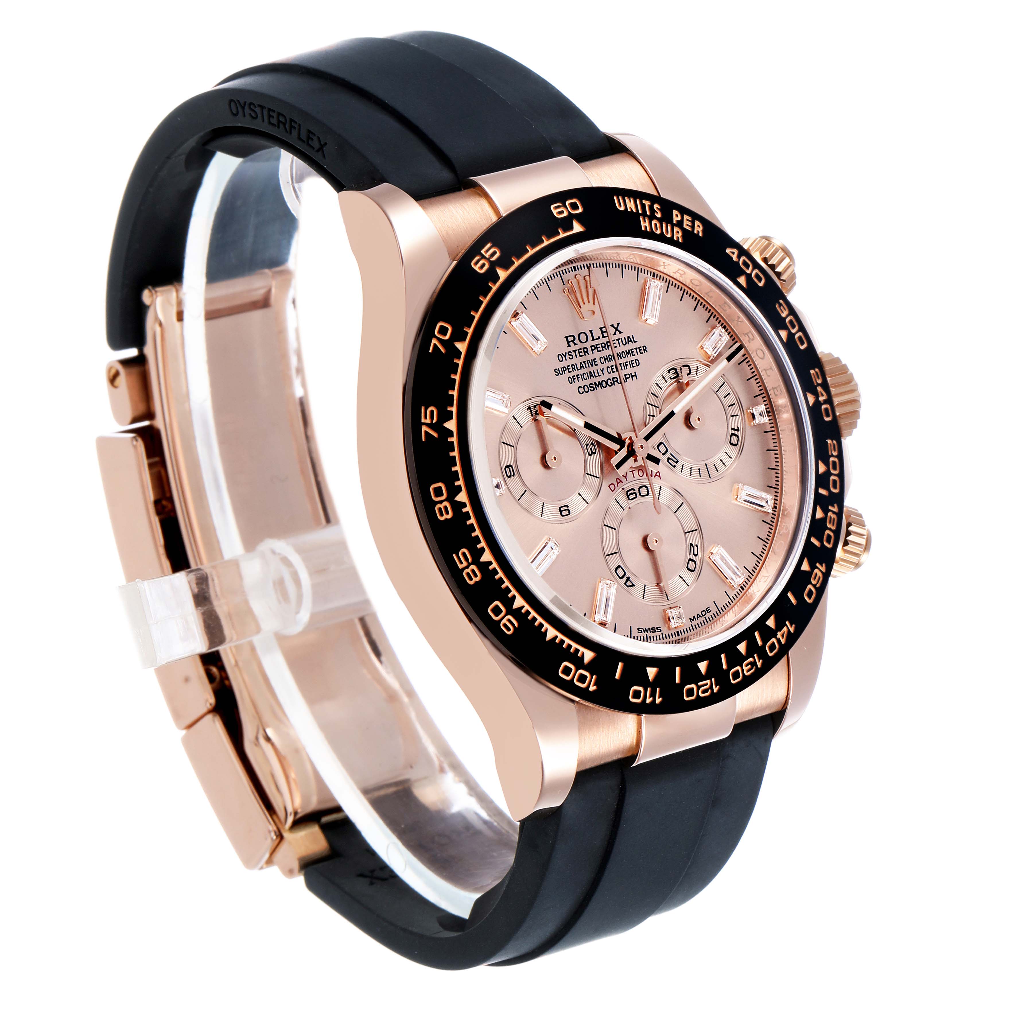 The Rolex Daytona 116515LN Men's Rose Gold Pink Dial watch is shown at an angled side view, highlighting the dial, case, and rubber strap.
