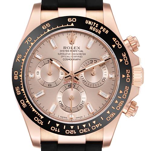 The image shows a front view of a Rolex Daytona 116515LN Men's Rose Gold Pink Dial watch, highlighting its bezel, dial, sub-dials, and crown.