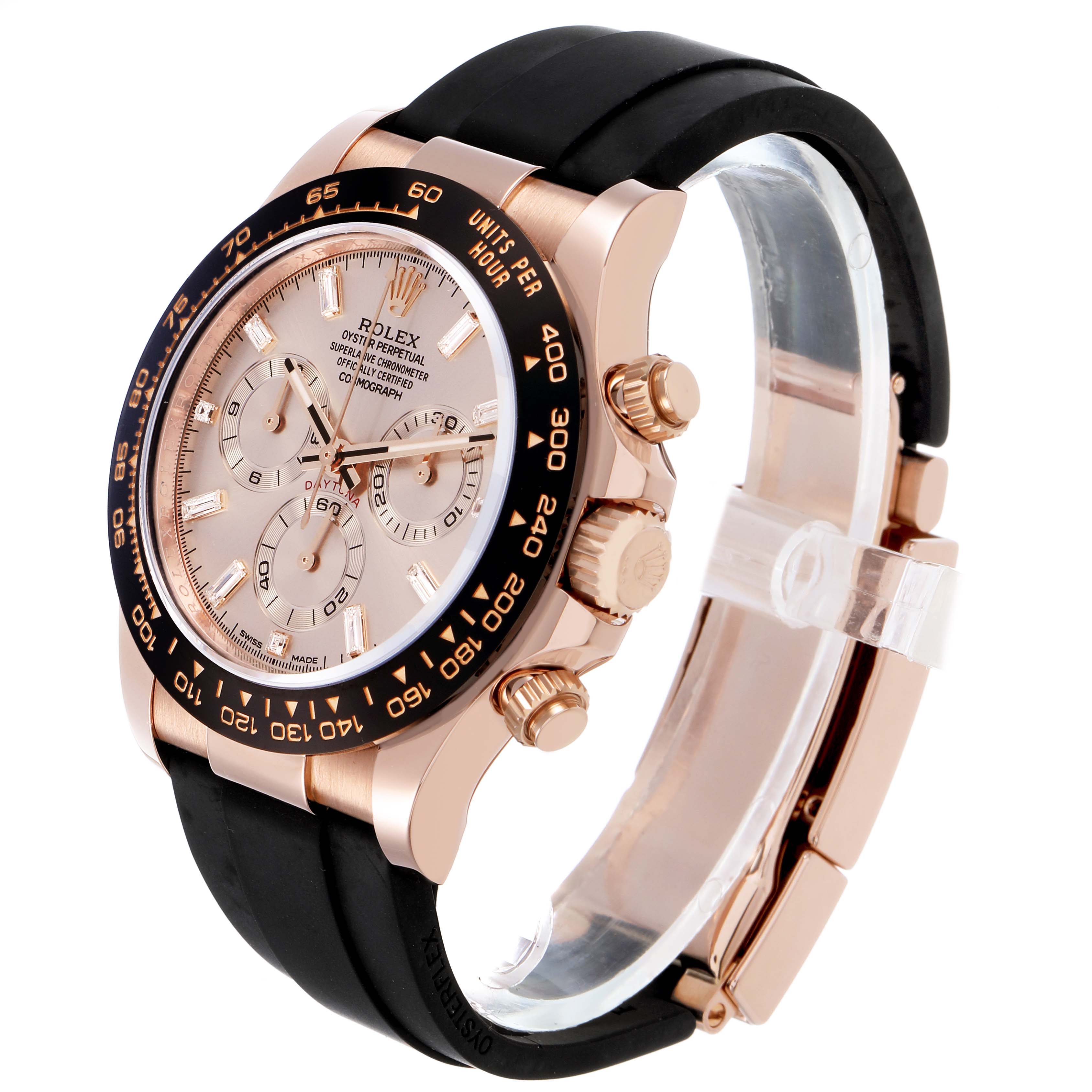 The Rolex Daytona 116515LN Men's Rose Gold Pink Dial watch is shown at a three-quarter angle, displaying the dial, bezel, case, and part of the strap.