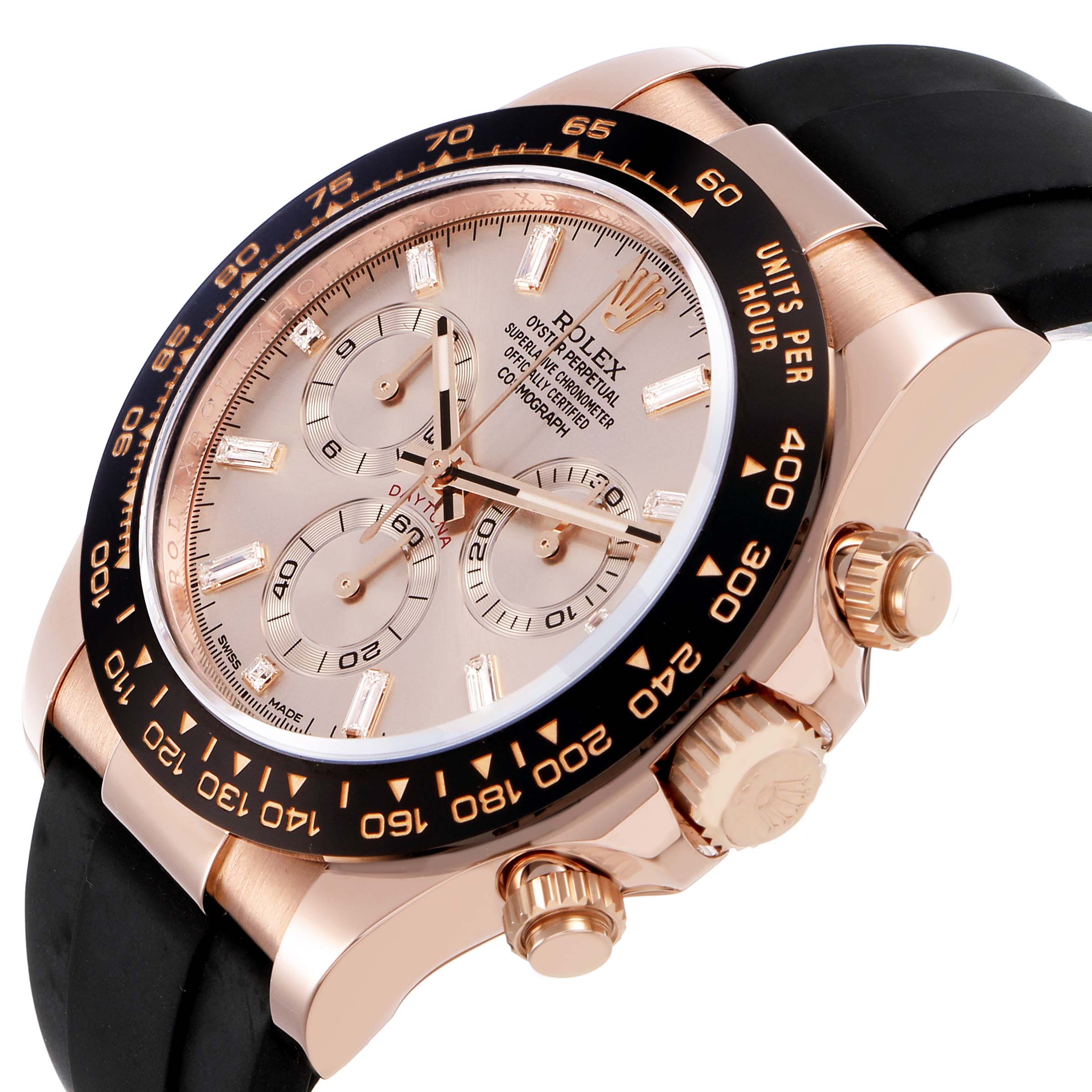 The Rolex Daytona 116515LN Men's Rose Gold Pink Dial watch is shown at an angle highlighting the dial, bezel, crown, and subdials.