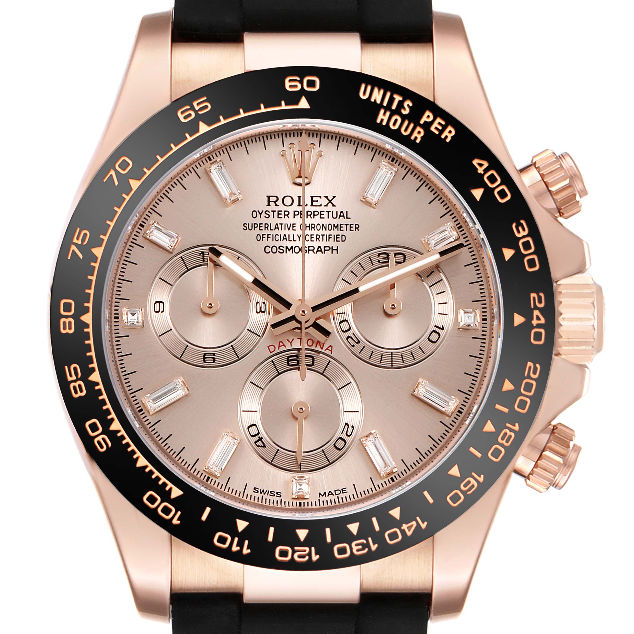 The image shows a front view of the Rolex Daytona 116515LN Men's Rose Gold Pink Dial watch, highlighting the dial, bezel, and chronograph subdials.