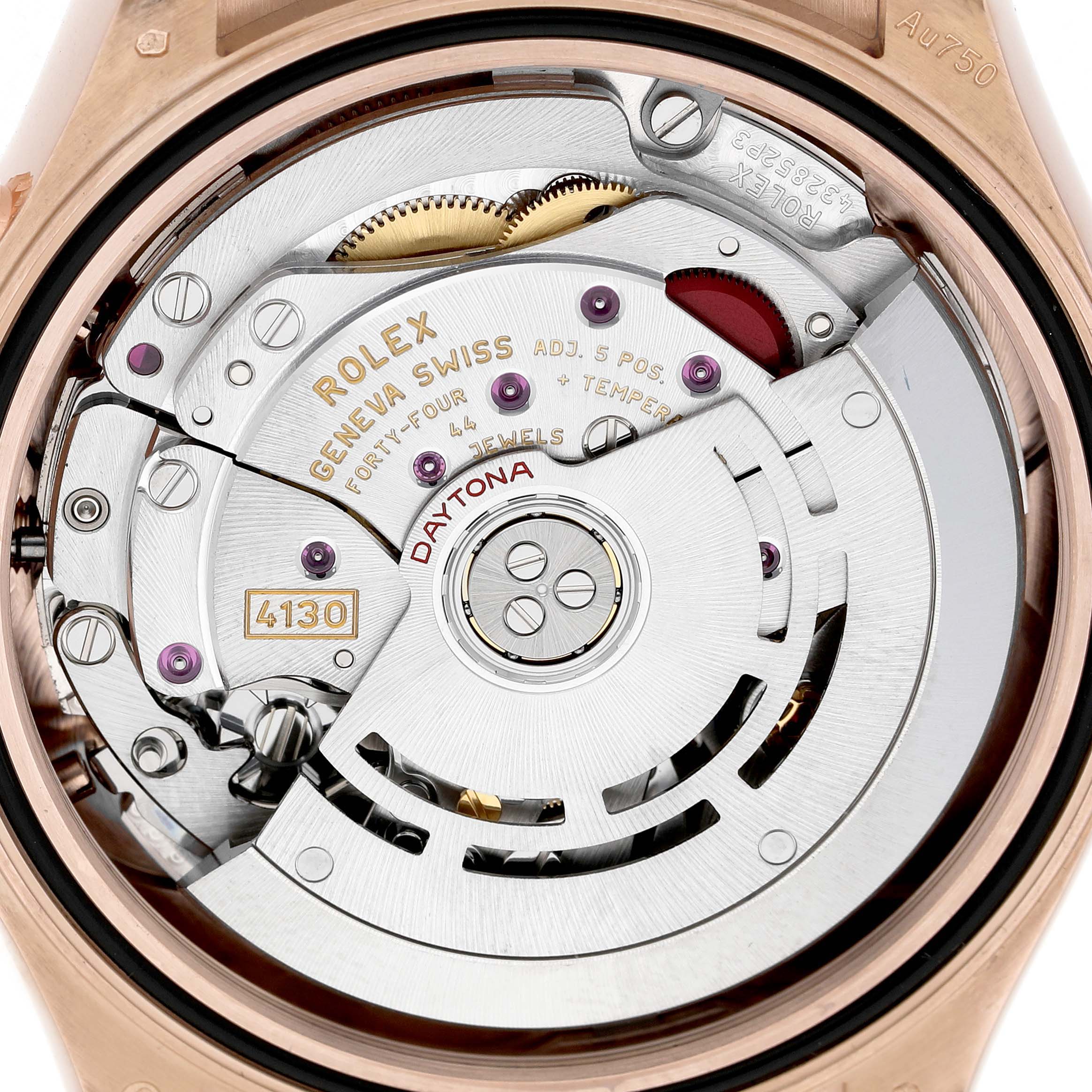 The image shows the movement of a Rolex Daytona 116515LN Men's Rose Gold Pink Dial watch from the back, highlighting its intricate internal mechanics.