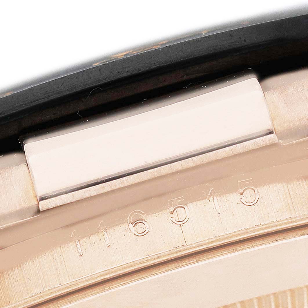 The image shows a close-up of the edge and part of the serial number on the case of a Rolex Daytona 116515LN Men's Rose Gold Pink Dial watch.