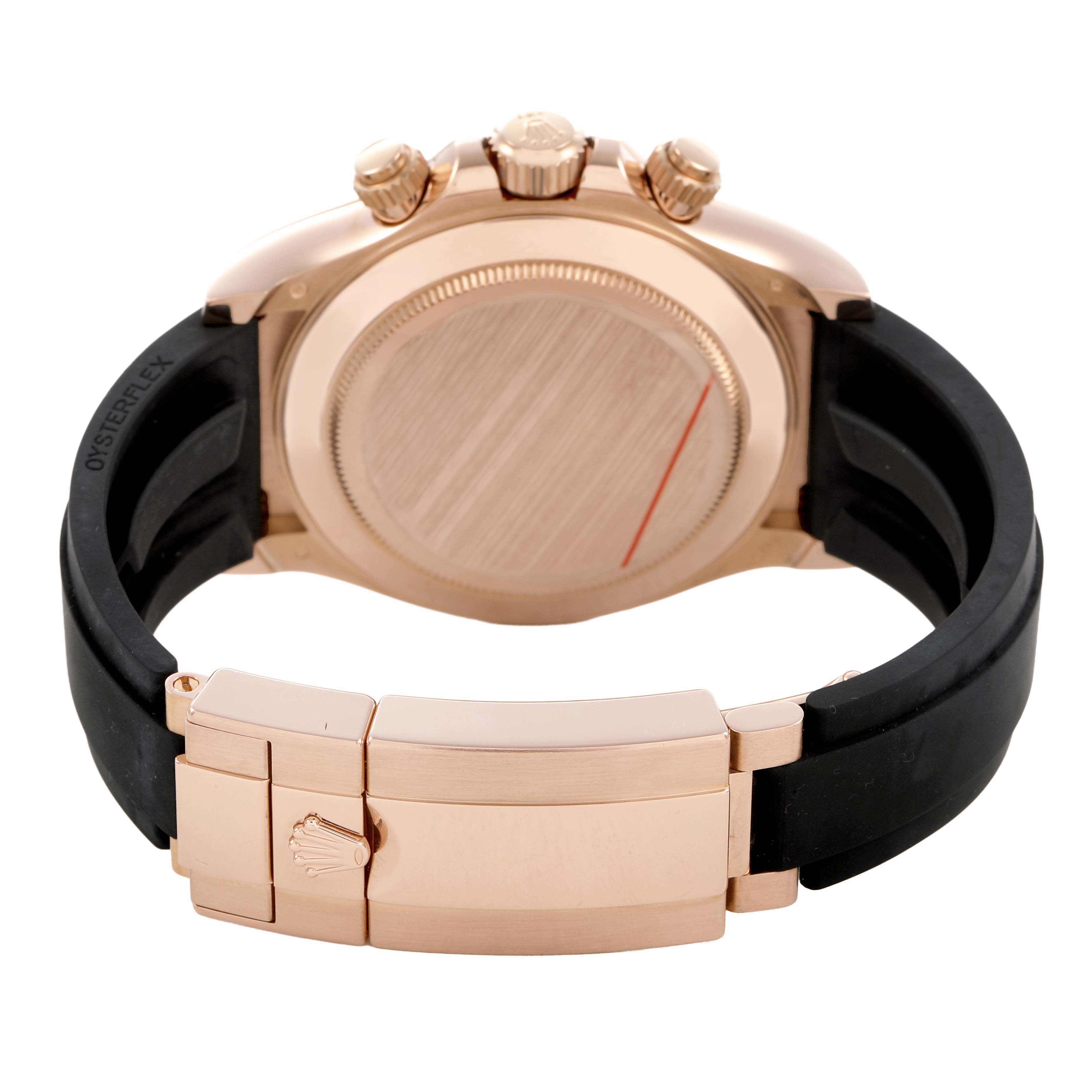 The image shows the back view of a Rolex Daytona 116515LN Men's Rose Gold Pink Dial watch, featuring the case back, crown, pushers, and Oysterflex strap with a clasp.