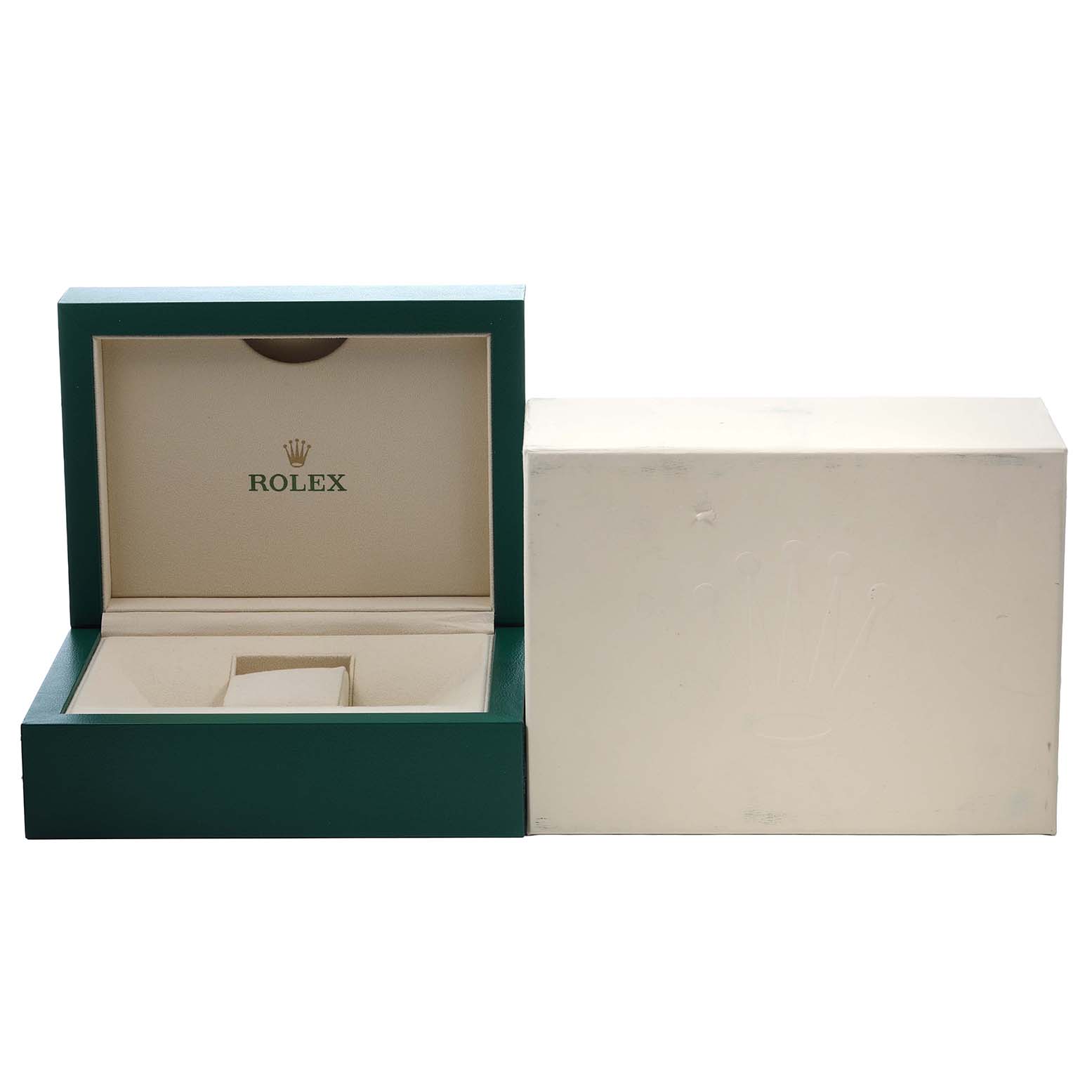 The image shows a Rolex Daytona 116515LN Men's Rose Gold Pink Dial watch box open, displaying its interior, alongside a closed outer box.