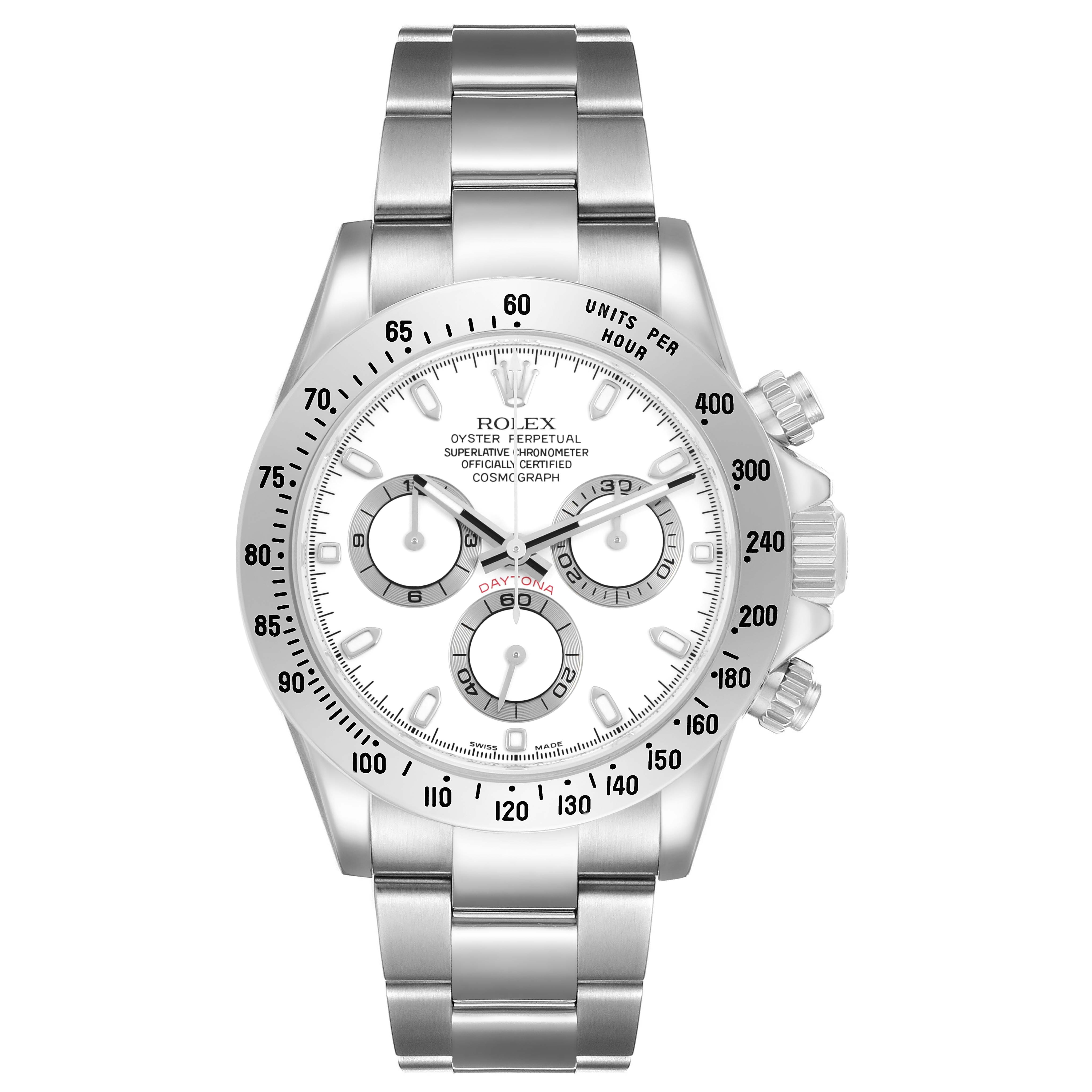 The Rolex Daytona 116520 Men's Stainless Steel White Dial watch is shown from the front, displaying its face, dials, bezel, pushers, and bracelet.