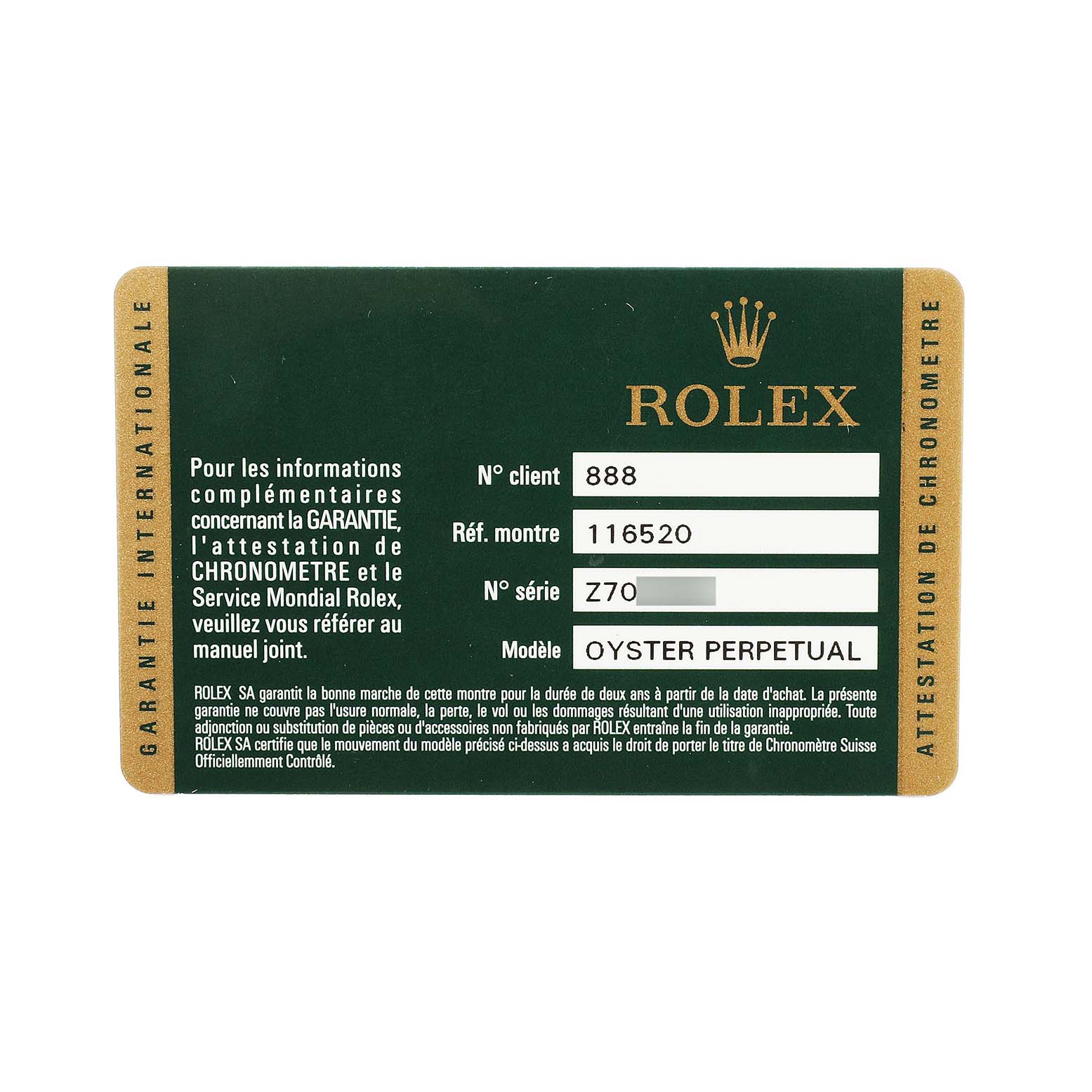 The image shows a Rolex Daytona 116520 Men's Stainless Steel White Dial warranty card with model and reference numbers visible.