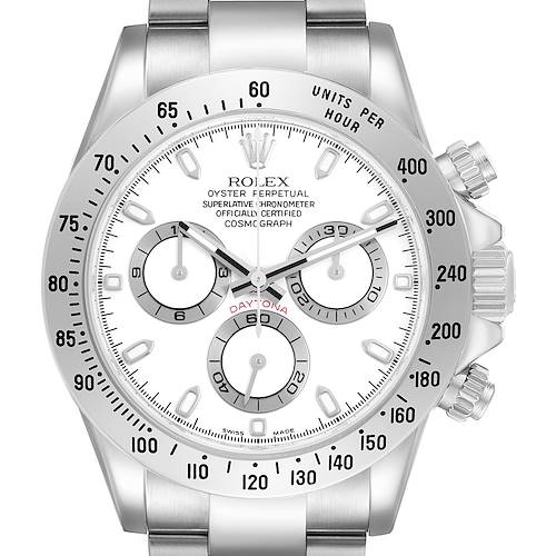 The Rolex Daytona 116520 Men's Stainless Steel White Dial watch is shown from a front angle, highlighting the dial, bezel, and chronograph pushers.