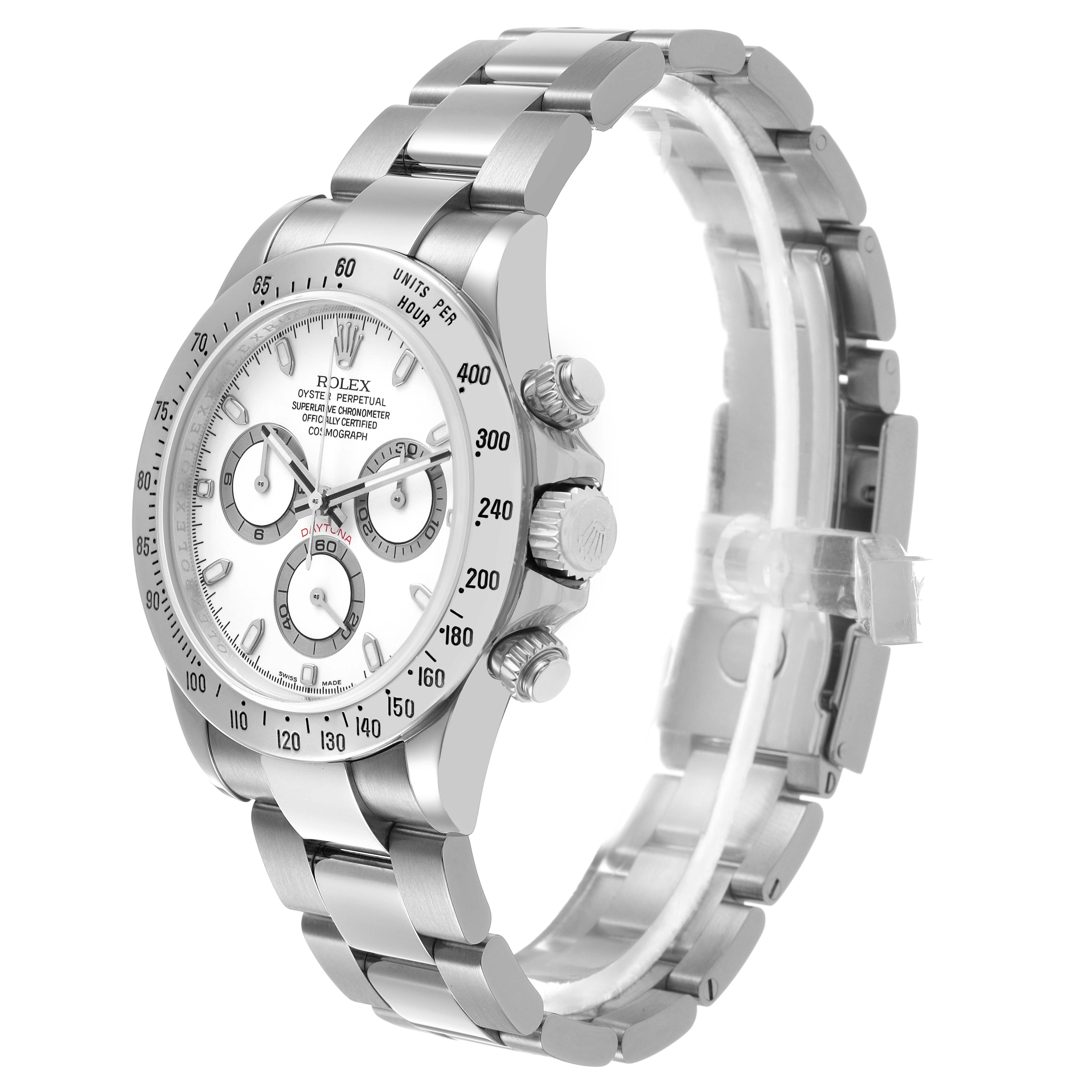 The Rolex Daytona 116520 Men's Stainless Steel White Dial watch is shown at a slight angle, highlighting the bezel, pushers, crown, and bracelet.