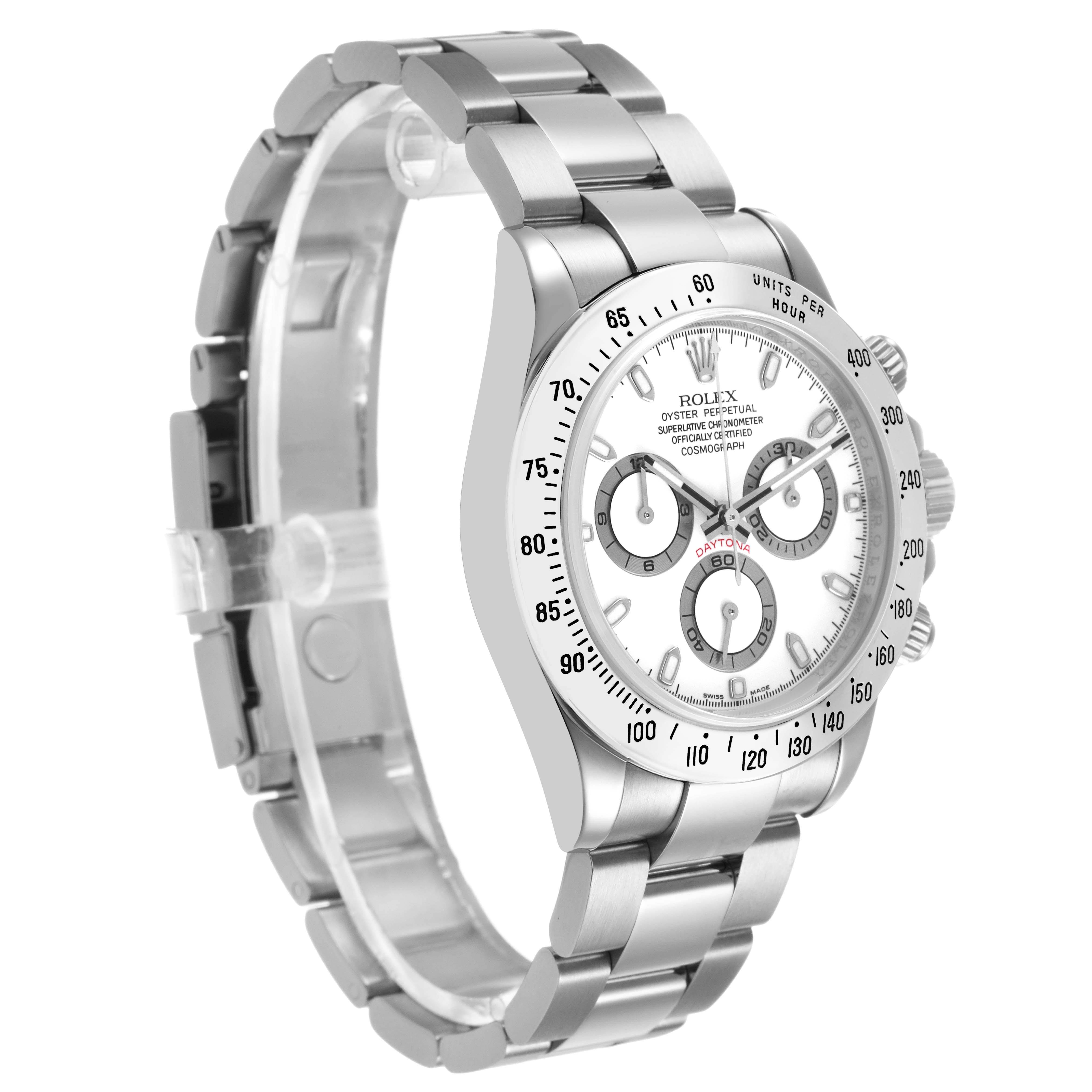 The Rolex Daytona 116520 Men's Stainless Steel White Dial watch is shown at a three-quarter angle, highlighting the bezel, dial, and bracelet.